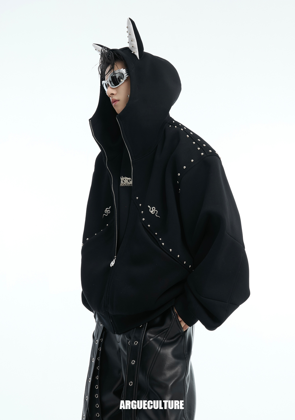 Metal Studded Winged Seams Oversized Hoodie