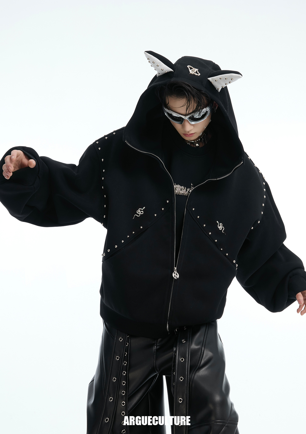 Metal Studded Winged Seams Oversized Hoodie