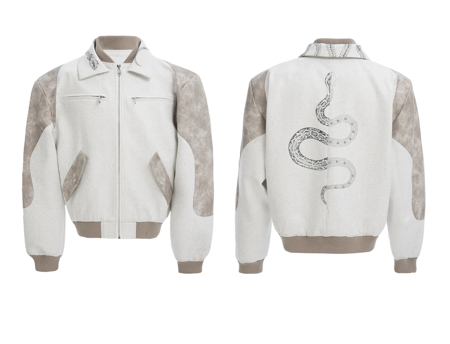 Vintage Snake-Print Deconstructed Bomber Jacket