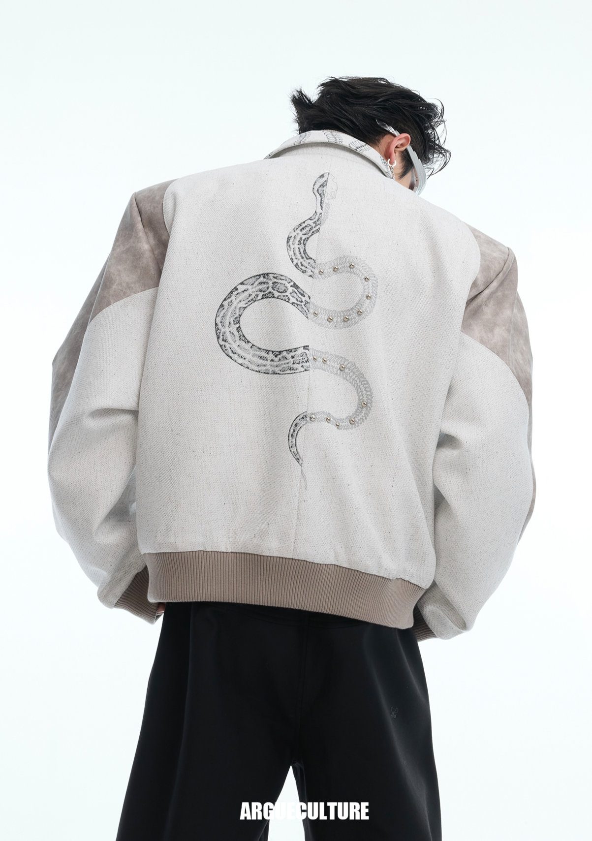 Vintage Snake-Print Deconstructed Bomber Jacket