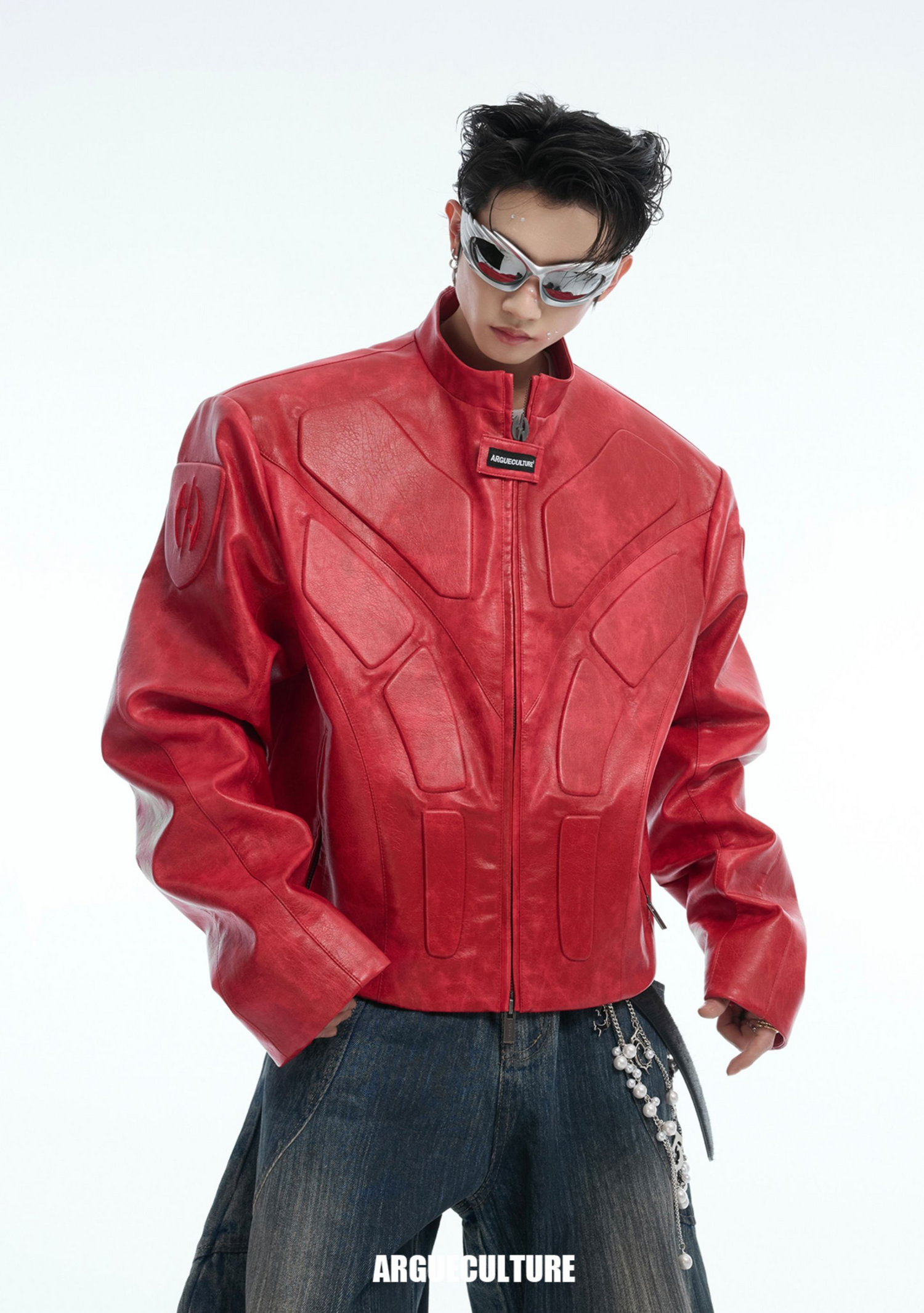 Cyberpunk Armor-Inspired Deconstructed PU Leather Jacket