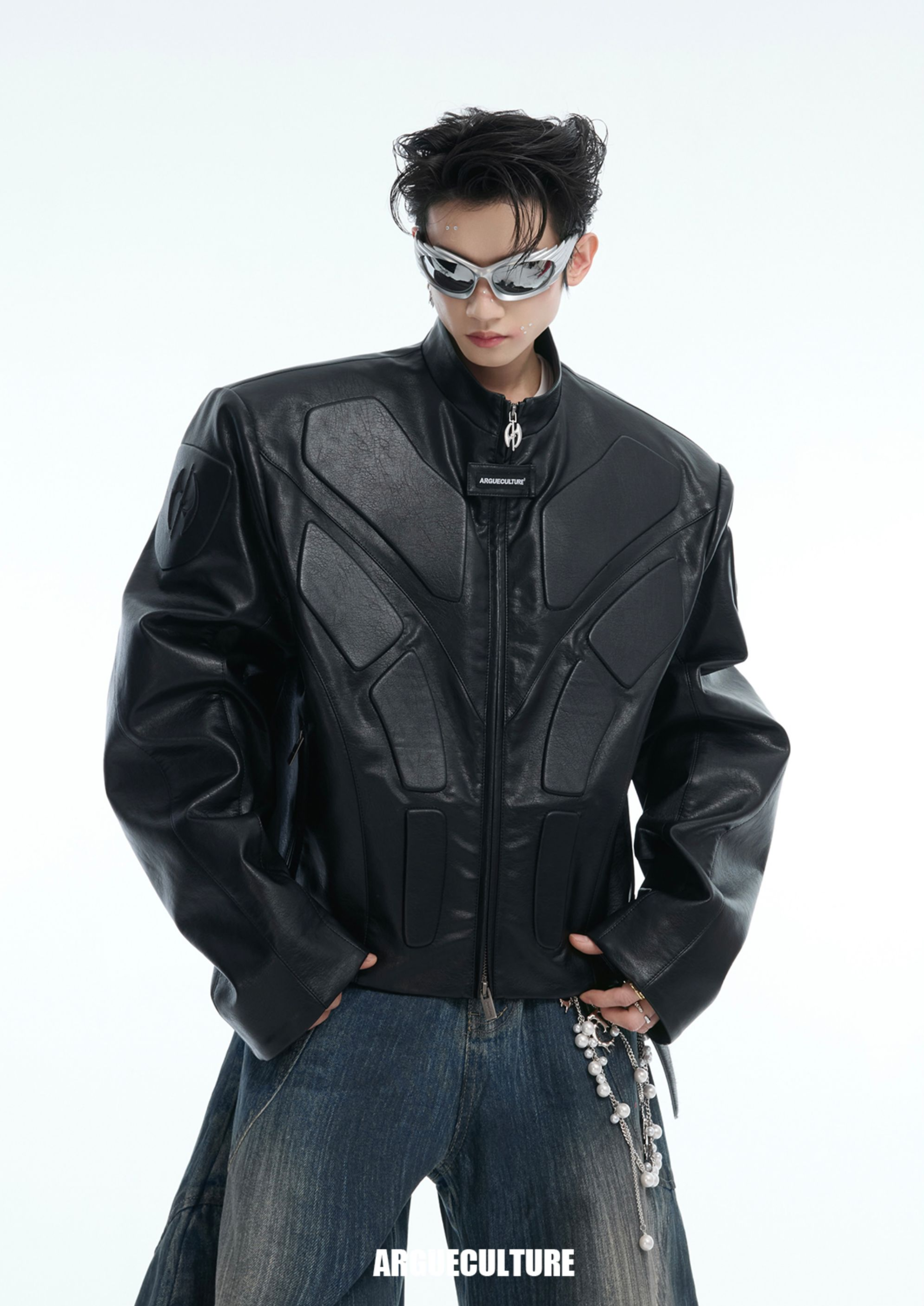 Cyberpunk Armor-Inspired Deconstructed PU Leather Jacket