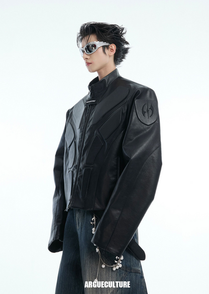 Cyberpunk Armor-Inspired Deconstructed PU Leather Jacket