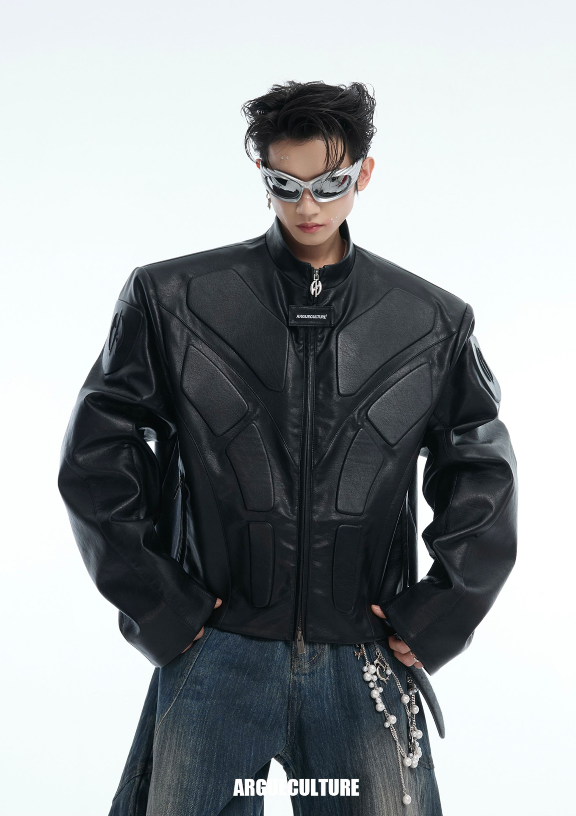 Cyberpunk Armor-Inspired Deconstructed PU Leather Jacket