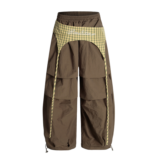 Plaid Apron-Layered Balloon Parachute Pants