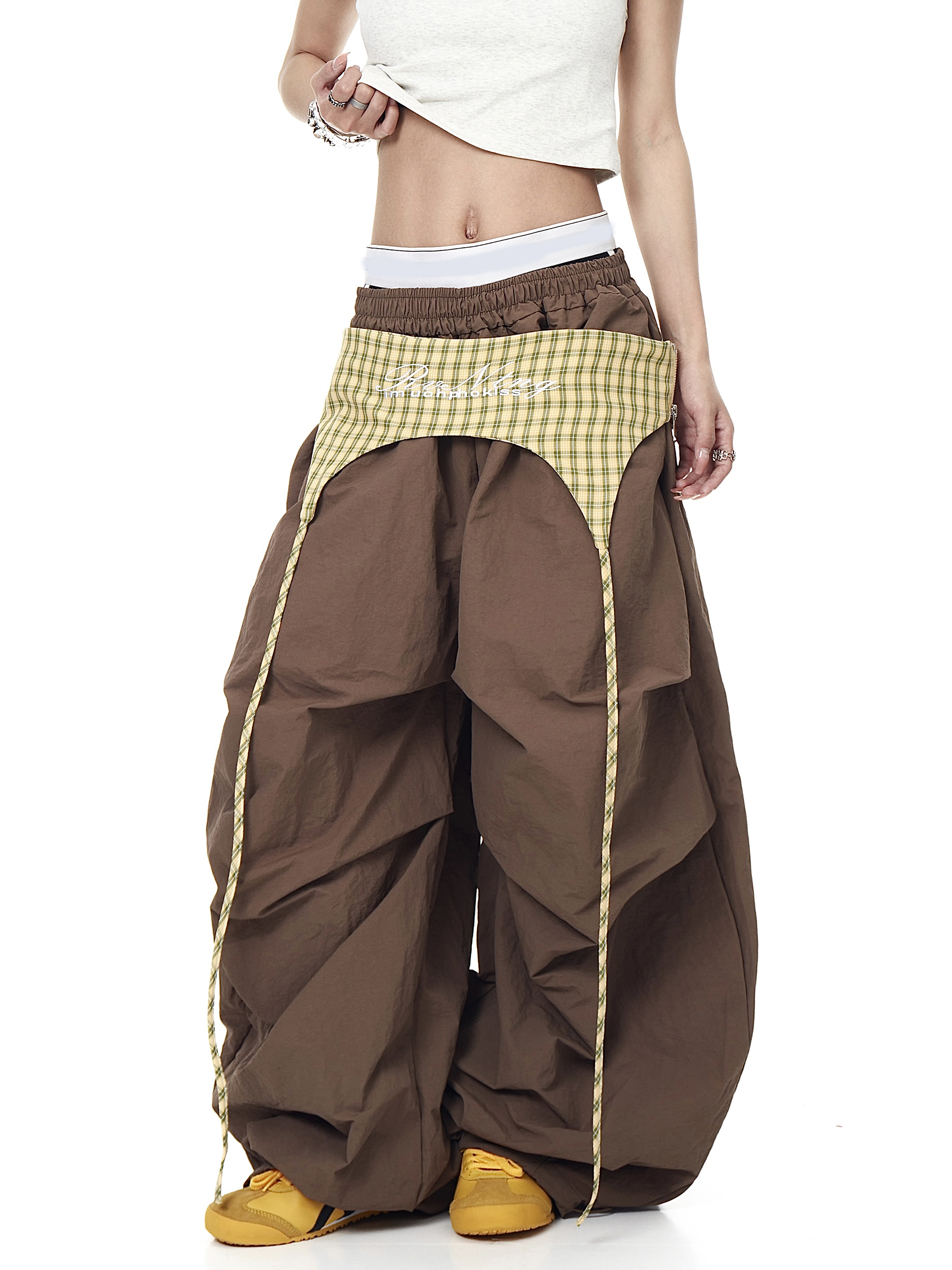 Plaid Apron-Layered Balloon Parachute Pants