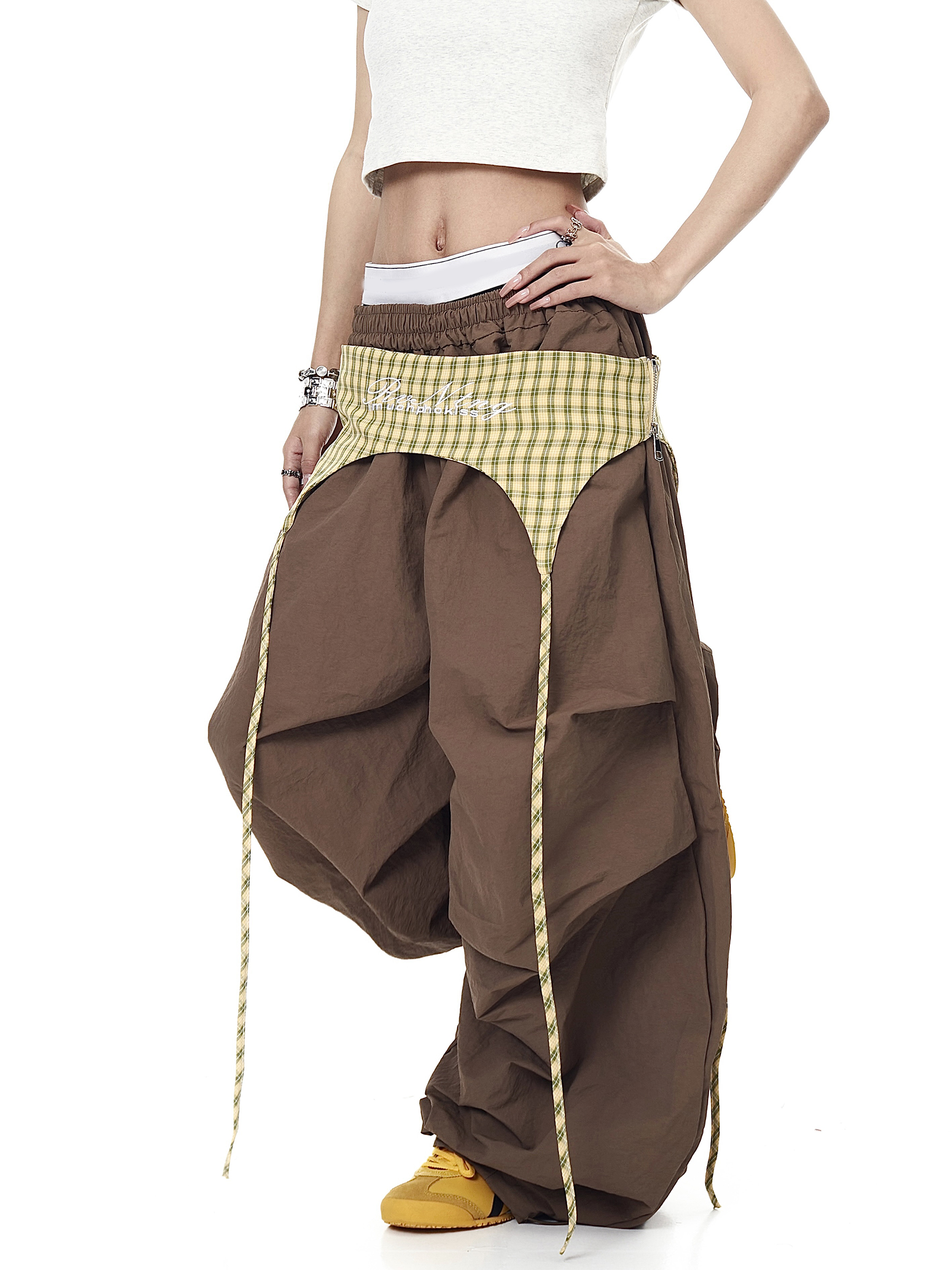 Plaid Apron-Layered Balloon Parachute Pants