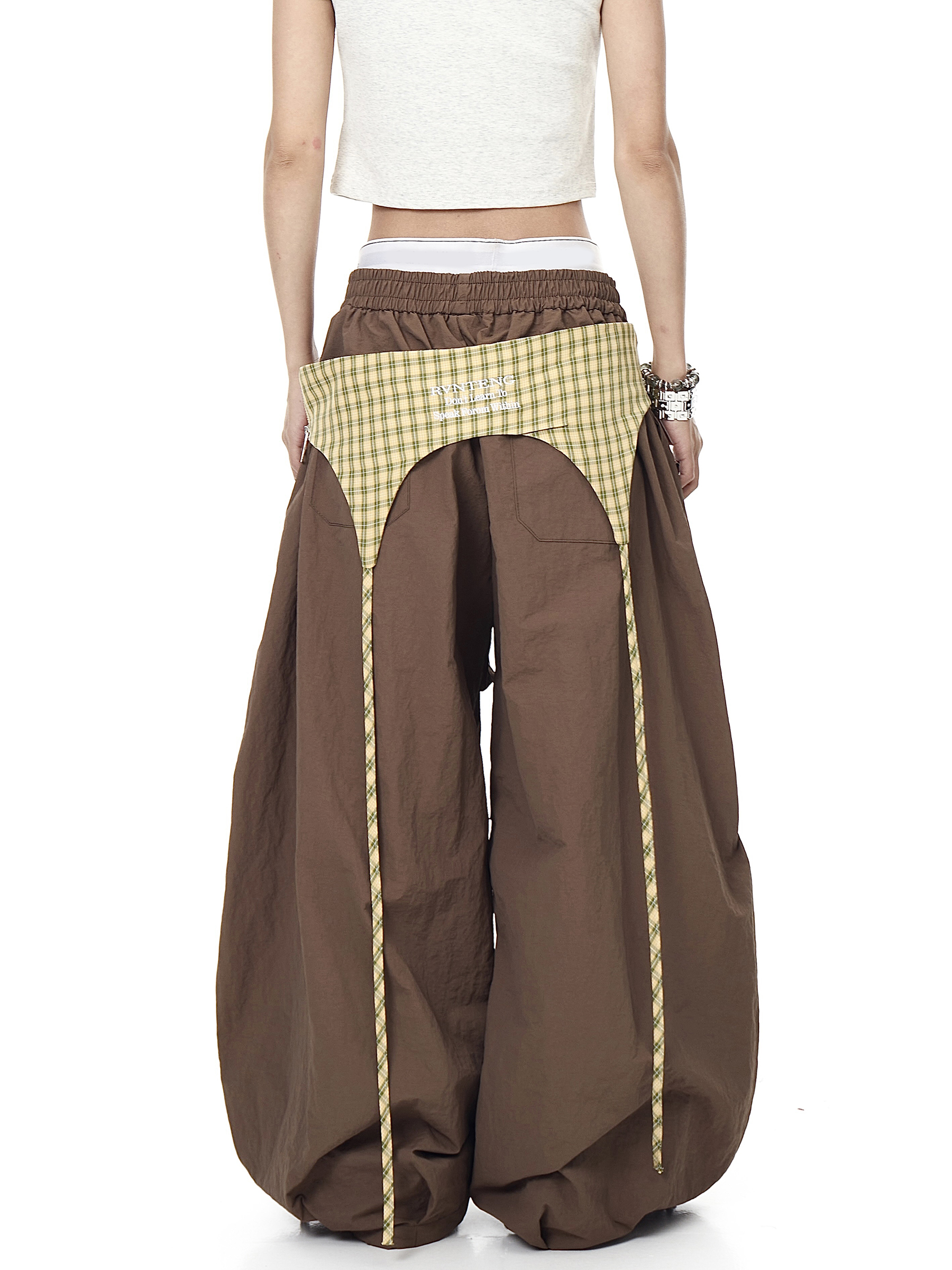 Plaid Apron-Layered Balloon Parachute Pants