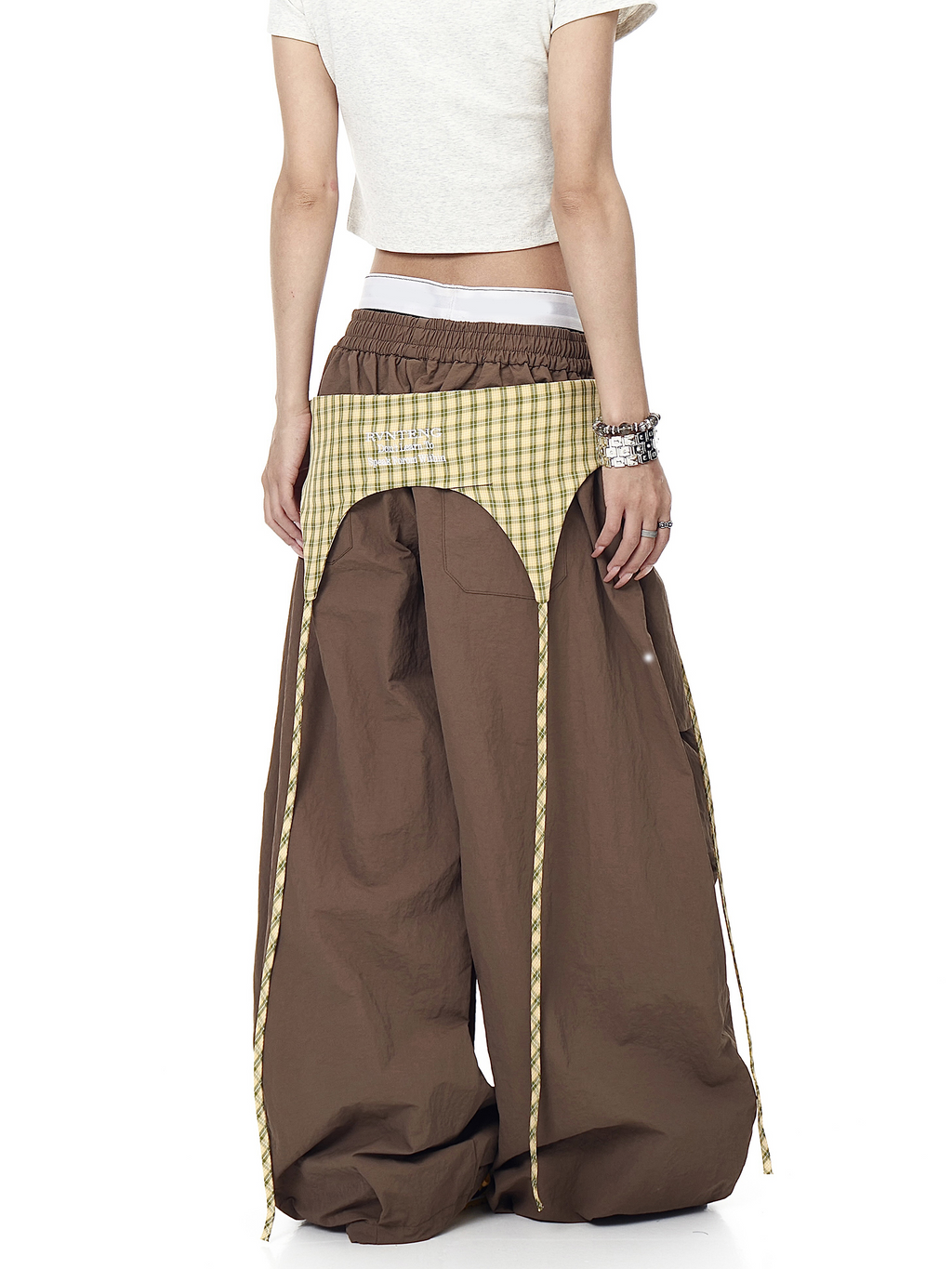 Plaid Apron-Layered Balloon Parachute Pants