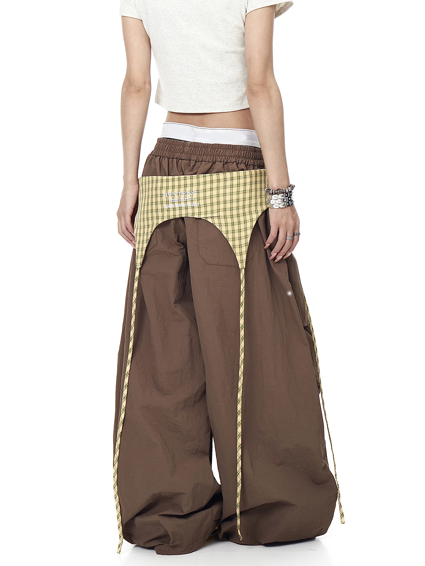 Plaid Apron-Layered Balloon Parachute Pants