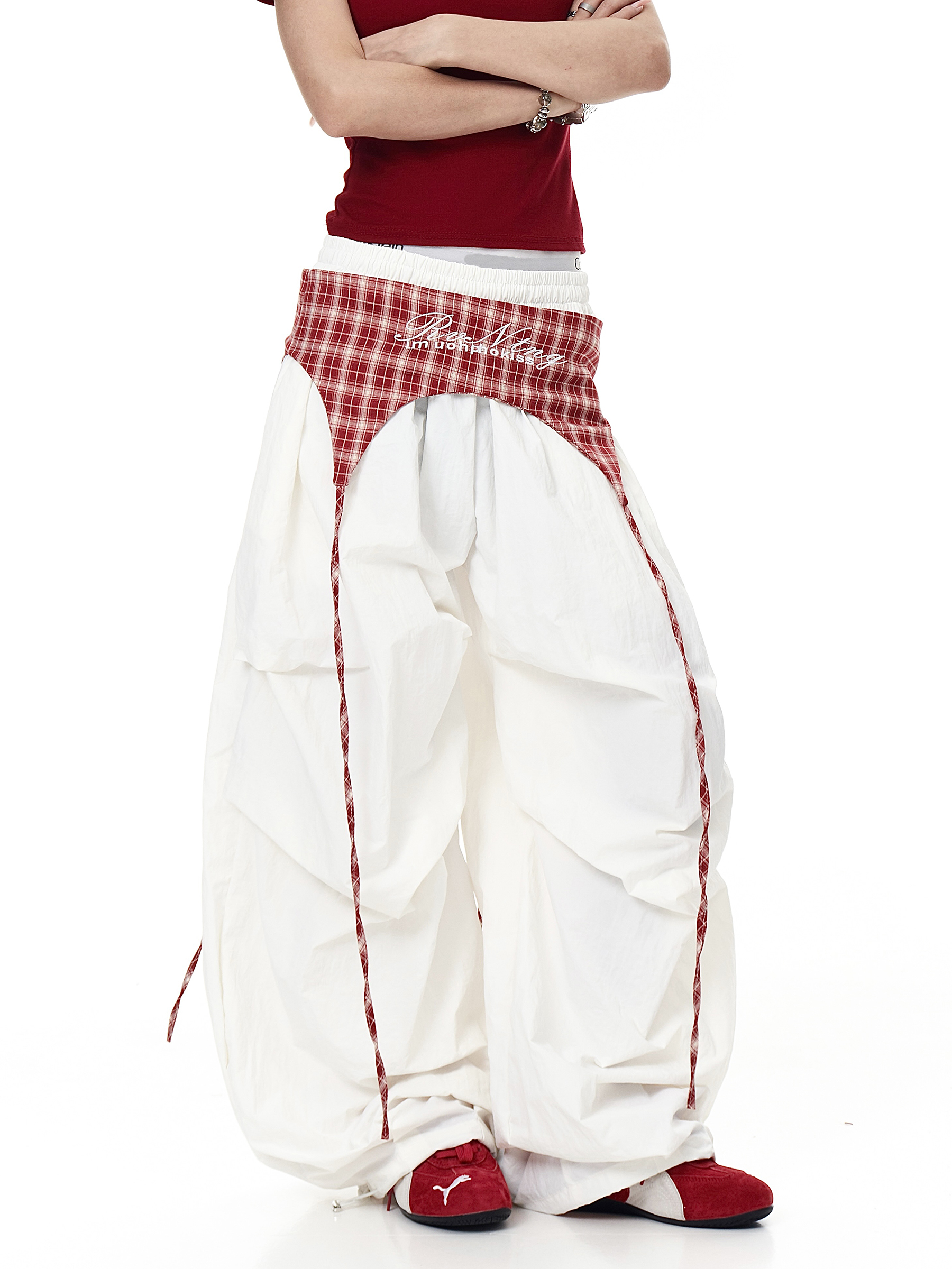 Plaid Apron-Layered Balloon Parachute Pants