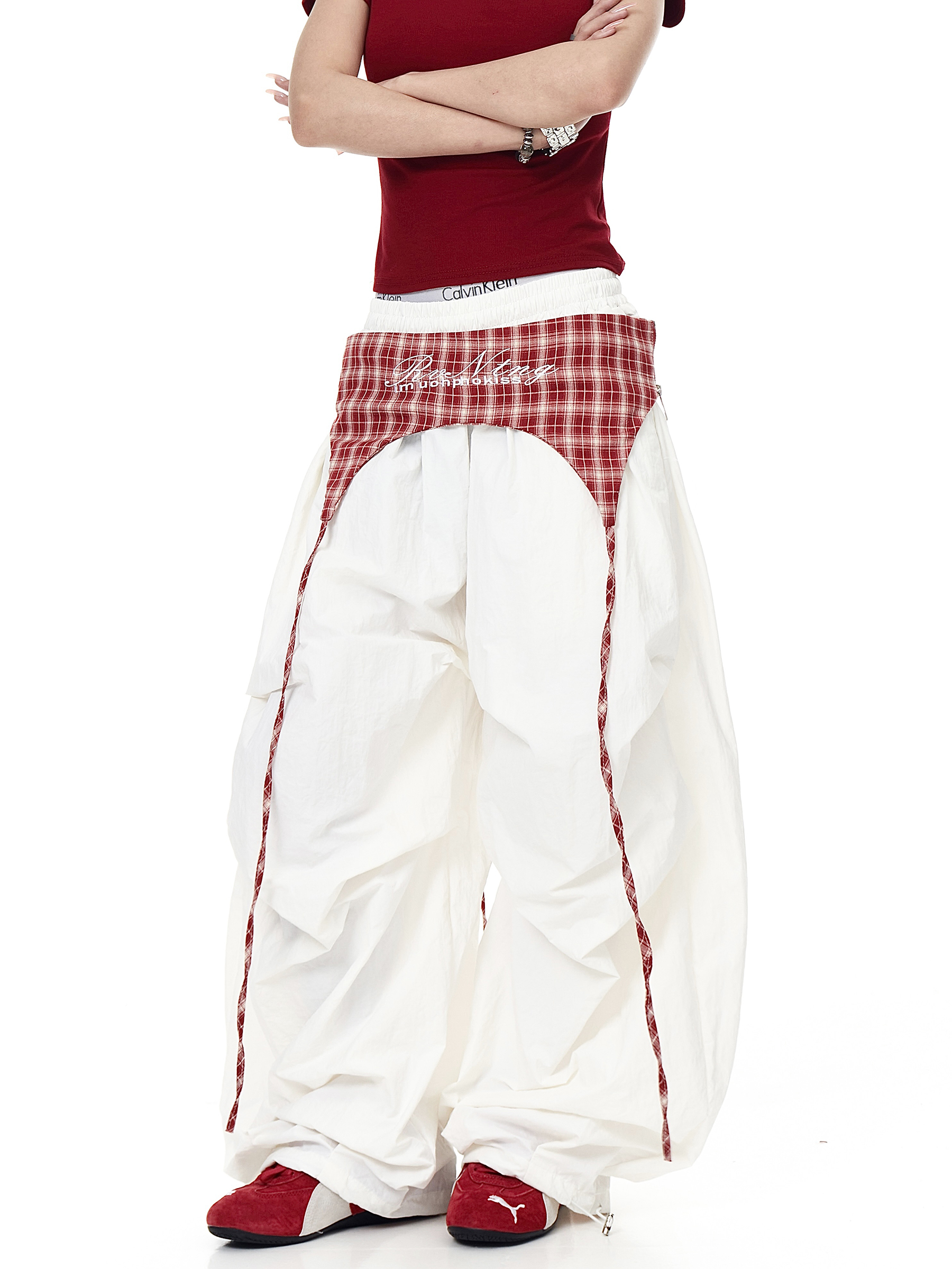 Plaid Apron-Layered Balloon Parachute Pants