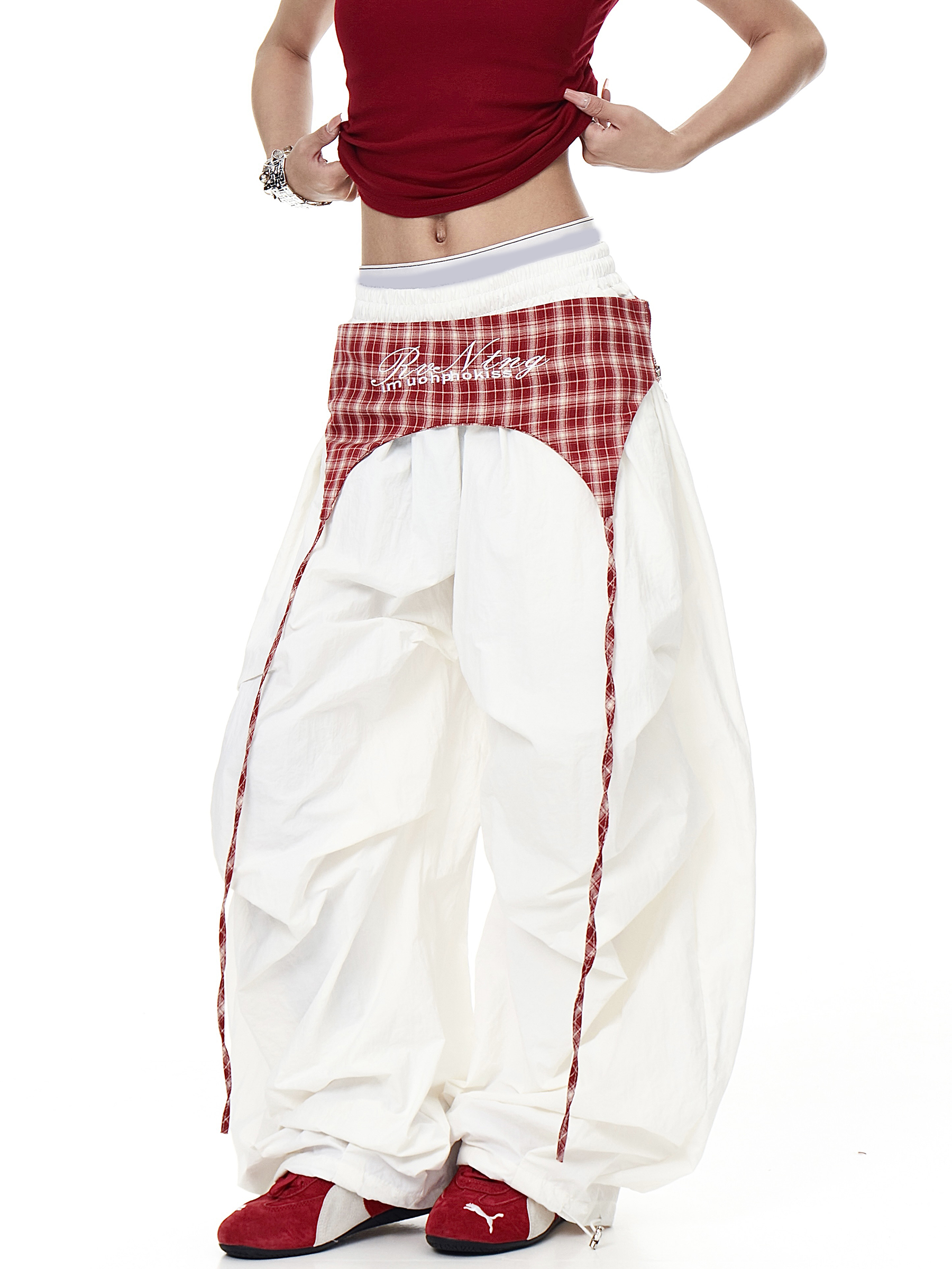 Plaid Apron-Layered Balloon Parachute Pants