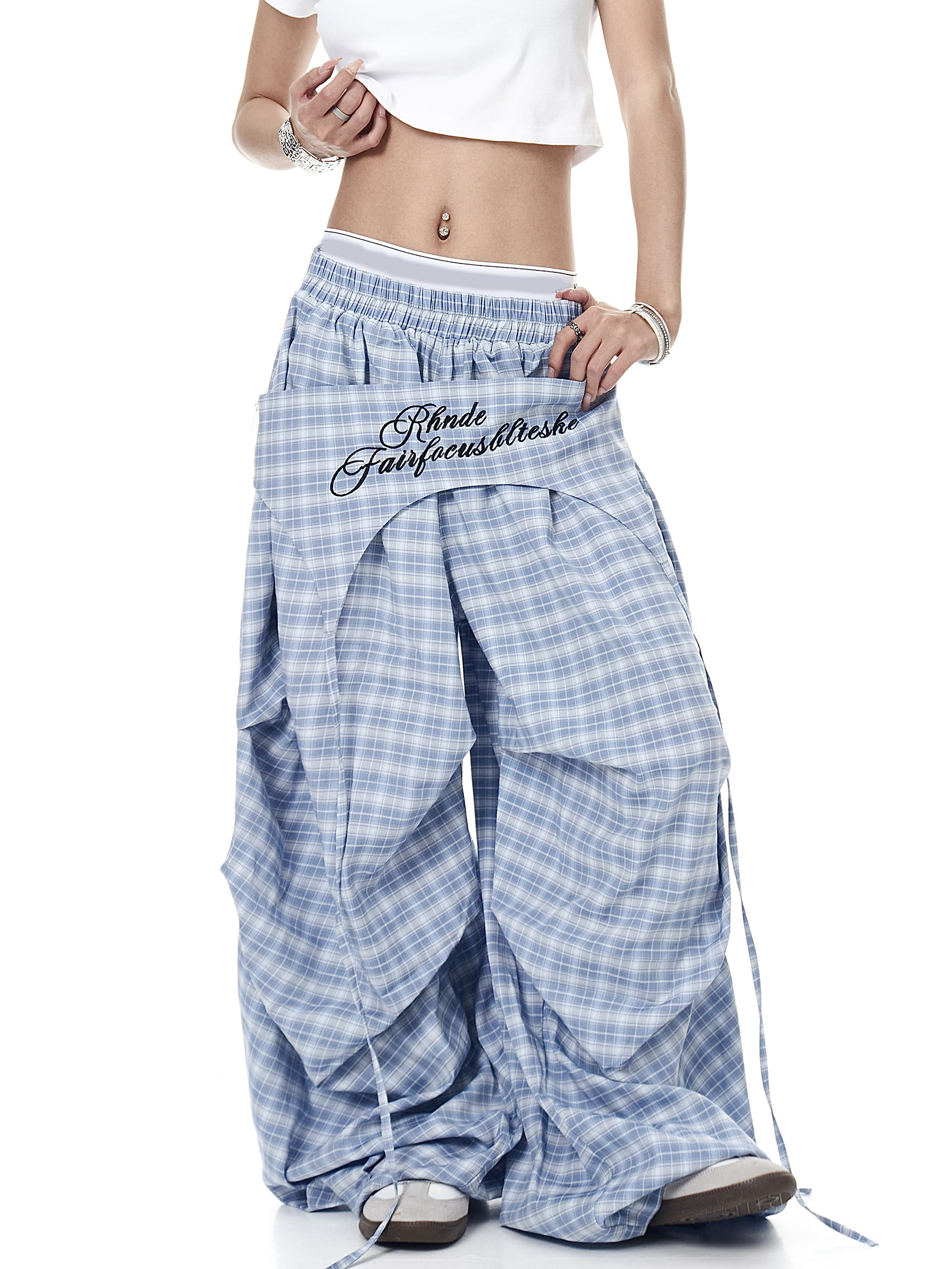 Plaid Skirt-Layer Parachute Pants