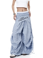 Plaid Skirt-Layer Parachute Pants