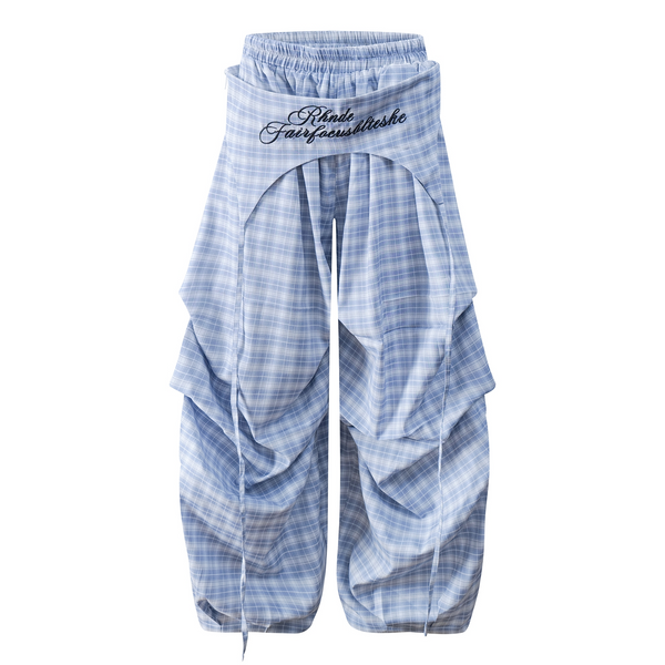 Plaid Skirt-Layer Parachute Pants
