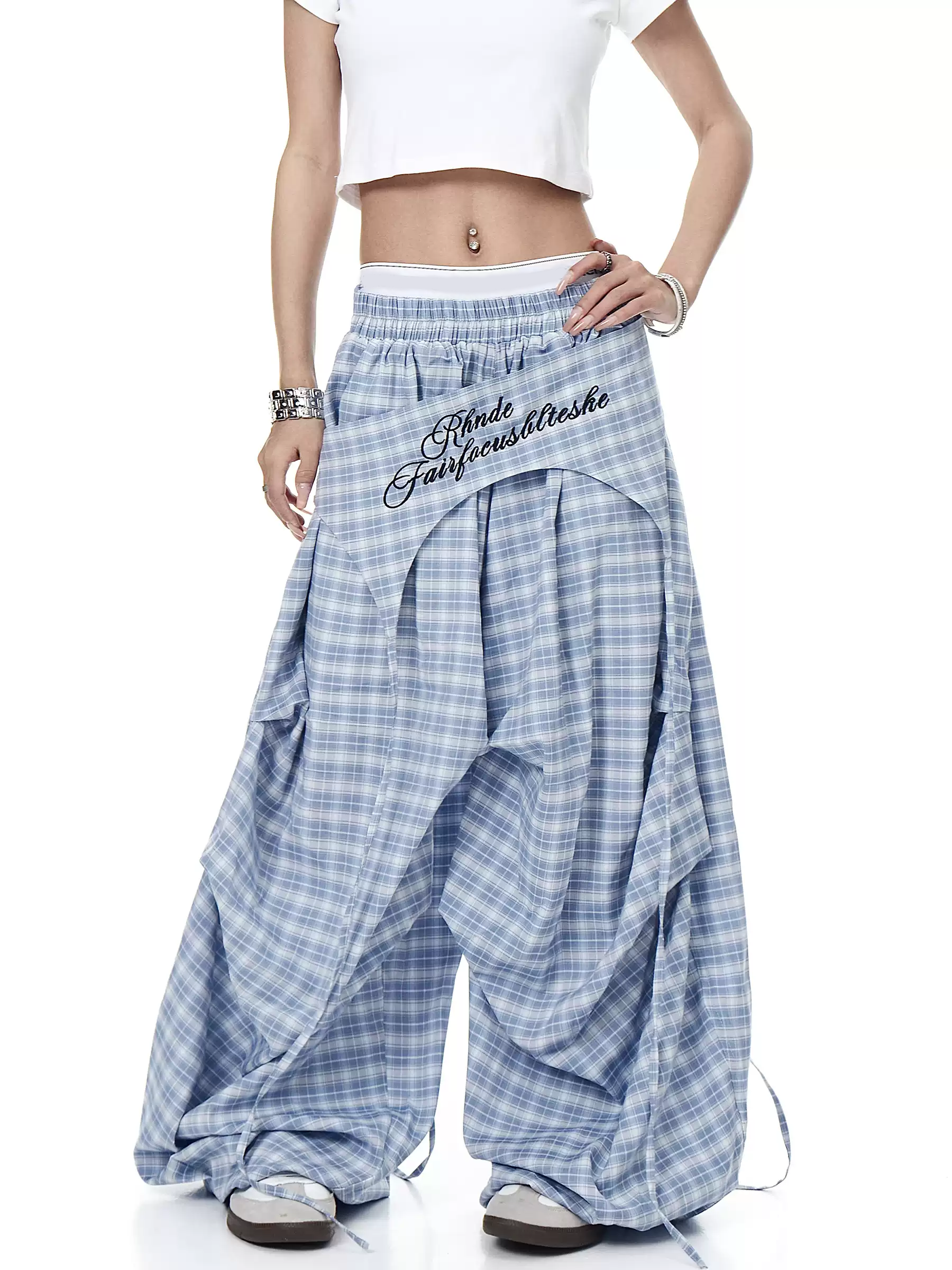 Plaid Skirt-Layer Parachute Pants