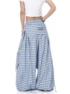 Plaid Skirt-Layer Parachute Pants