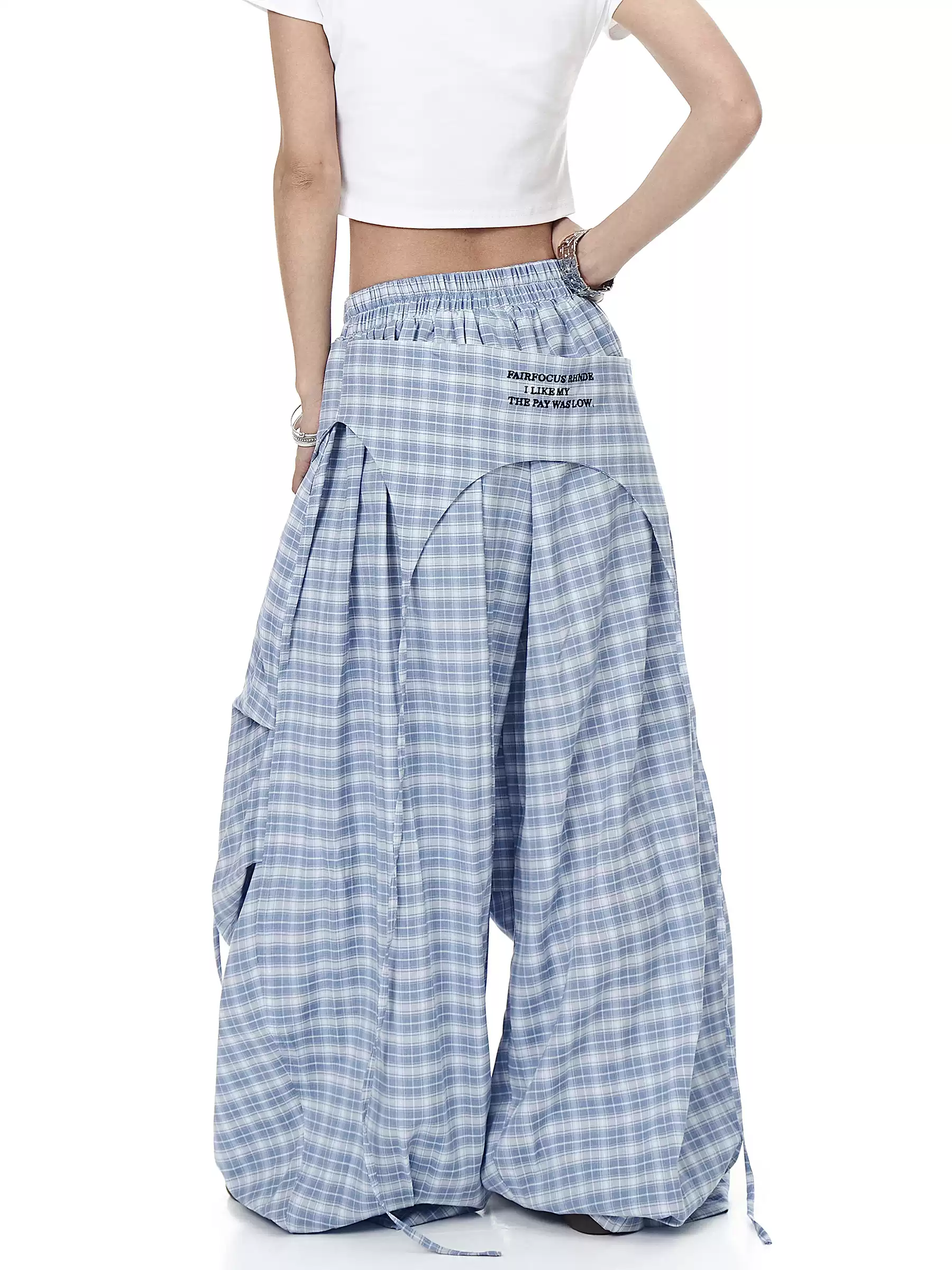 Plaid Skirt-Layer Parachute Pants