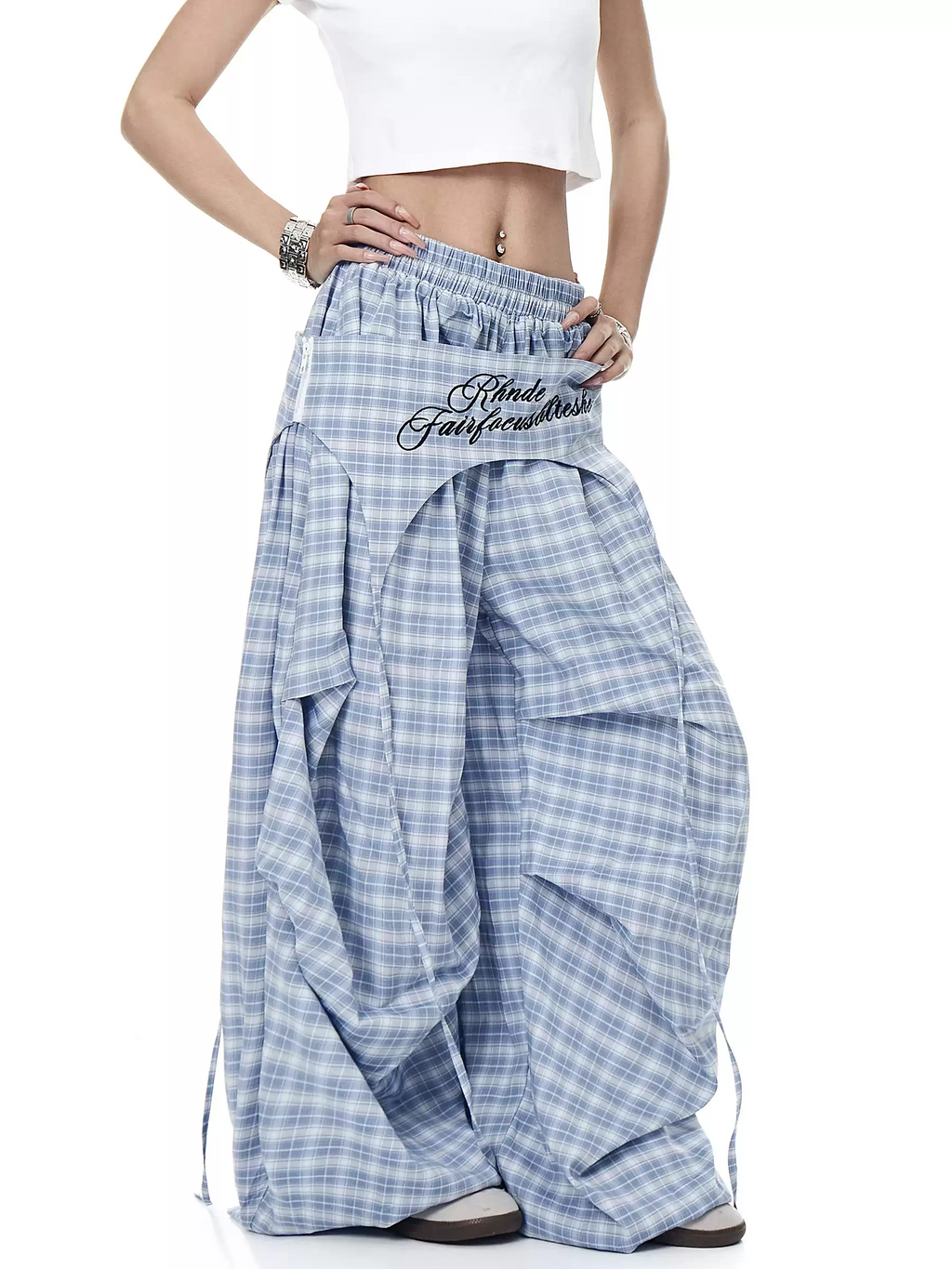 Plaid Skirt-Layer Parachute Pants