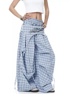 Plaid Skirt-Layer Parachute Pants
