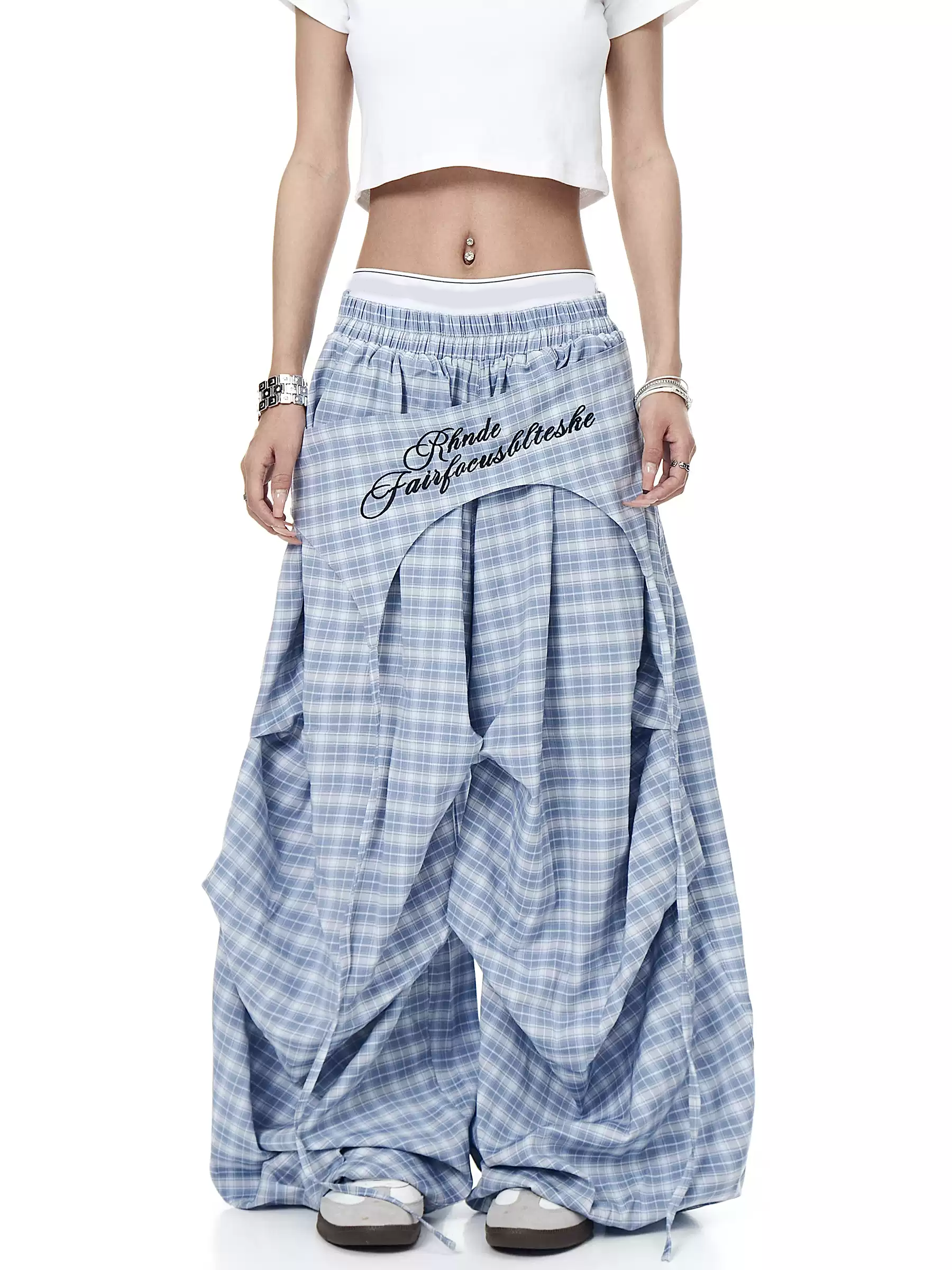 Plaid Skirt-Layer Parachute Pants