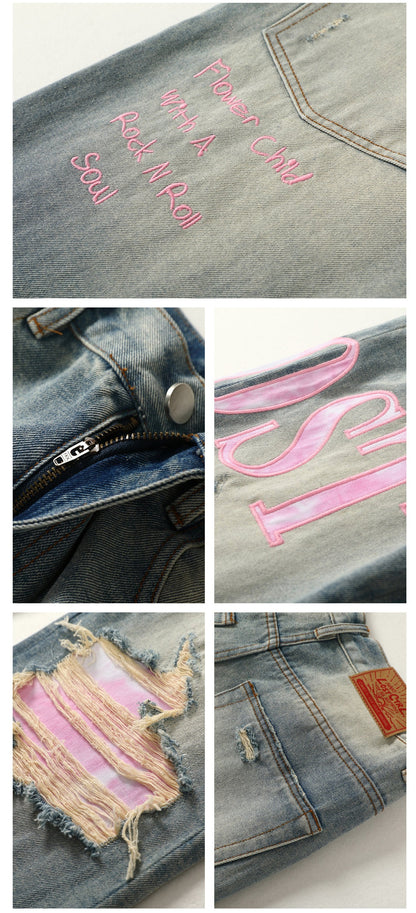 LOSTCTRL Pink Distressed Washed Denim