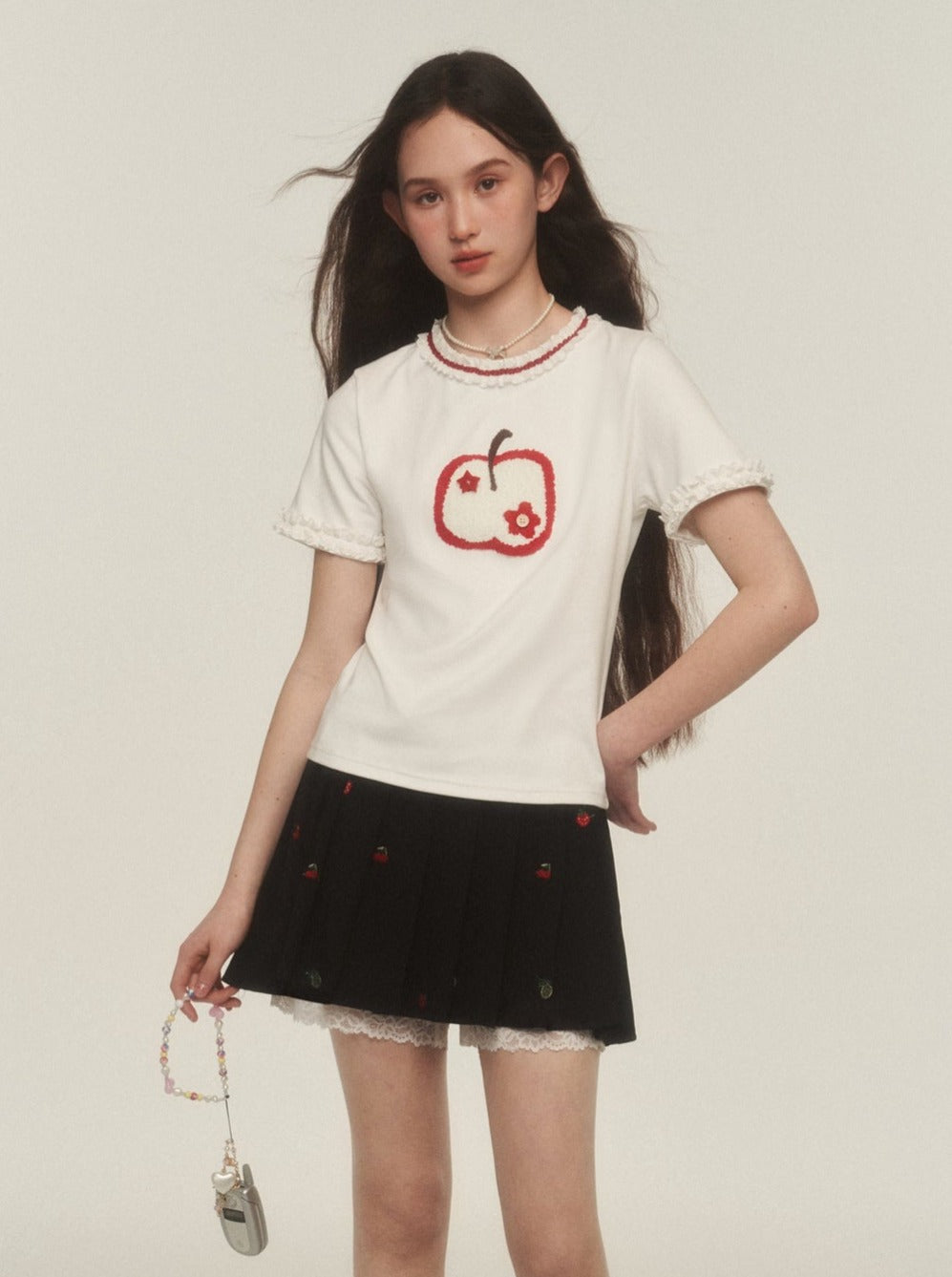 Apple Embroidered Lace Trim Tee