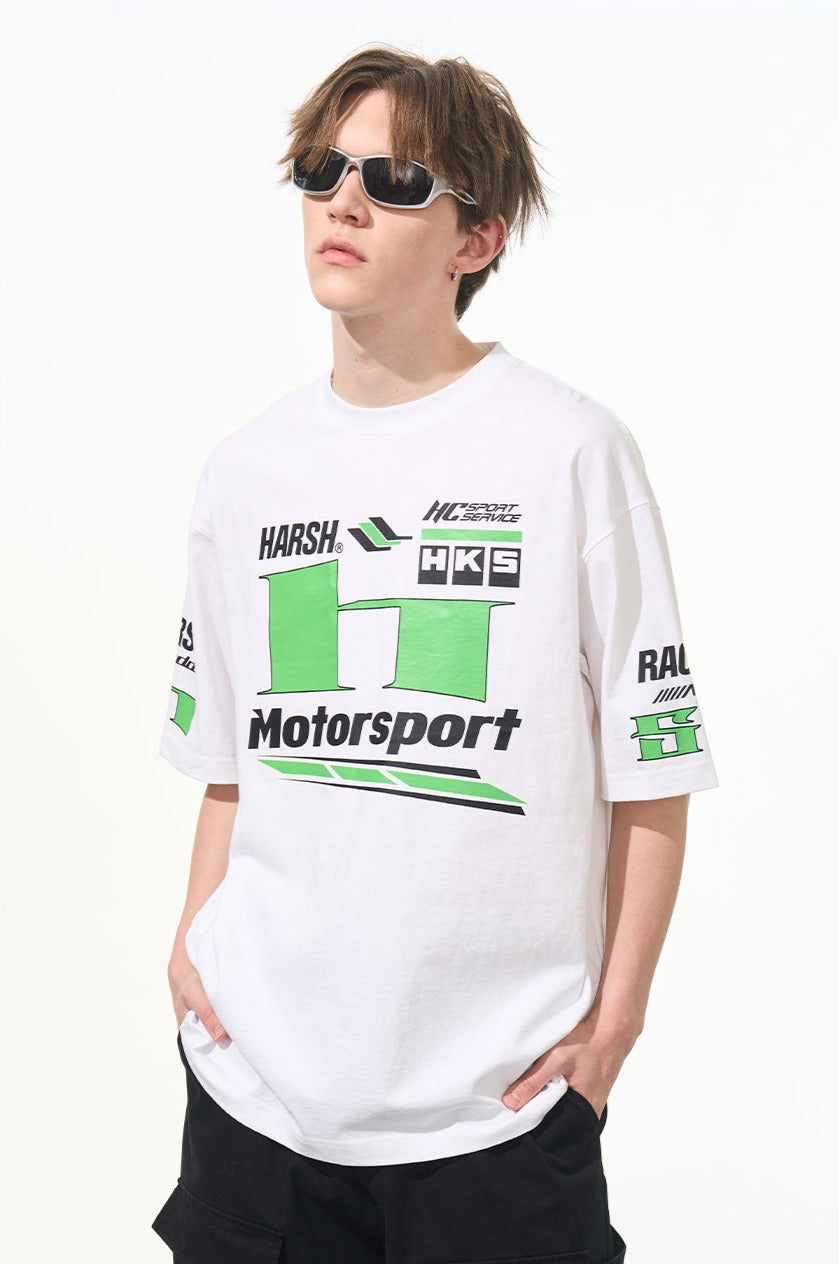 ネオンカラーブロックレーシングスタイルプリントTシャツ