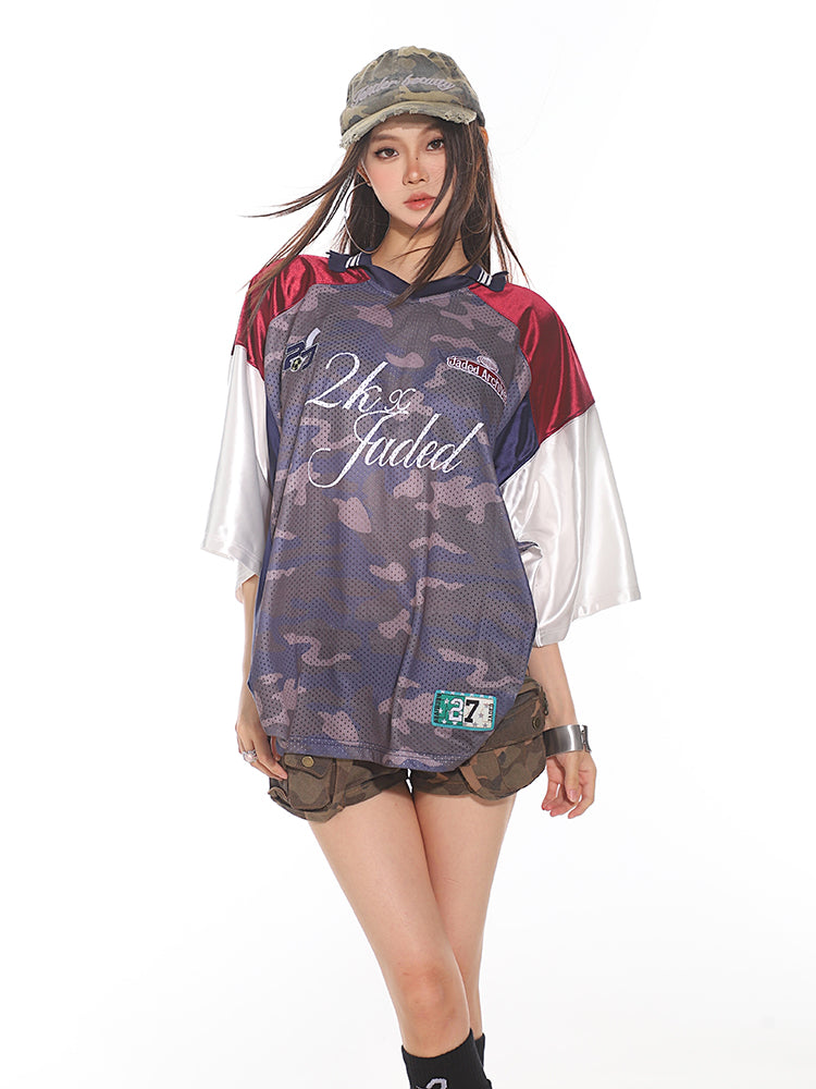 Retro Camouflage Mesh Panel Sports Jersey Tee