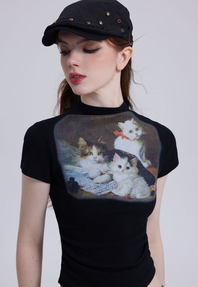 Vintage Cat Print Half Turtleneck Tee