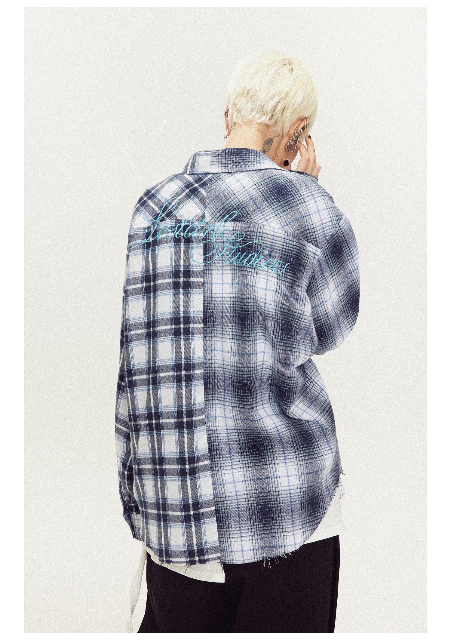 LOSTCTRL Embroidered Logo Plaid Patchwork Long Sleeve Shirt