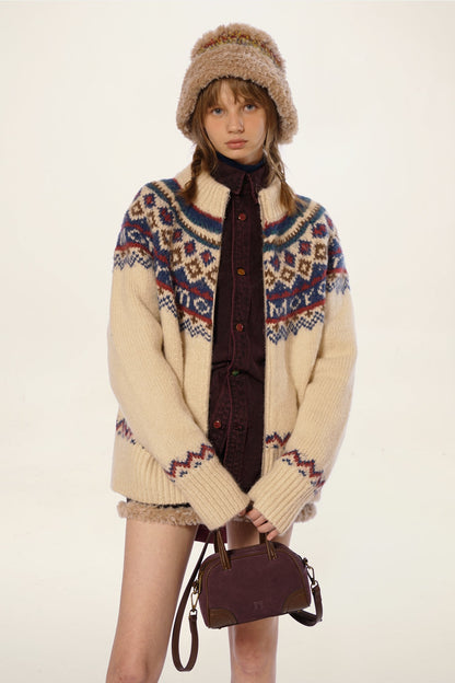 Vintage Turtleneck Fair Isle Knit Cardigan Sweater