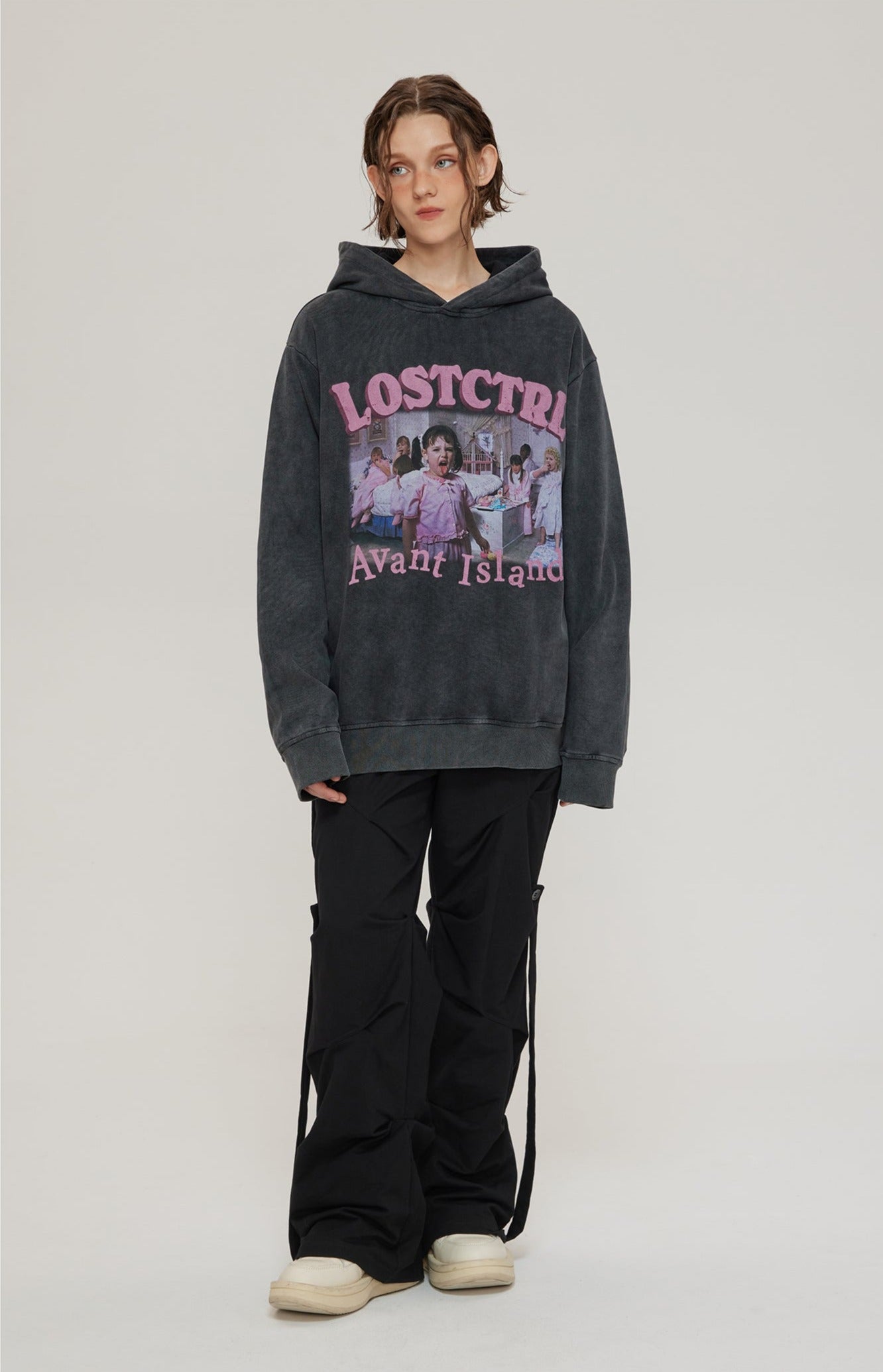 LOSTCTRL Avant Island Retro Washed Distressed Hoodie