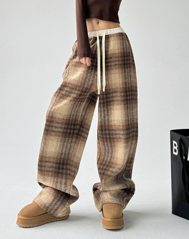 Plaid Fleece-Lined Wide-Leg Pants