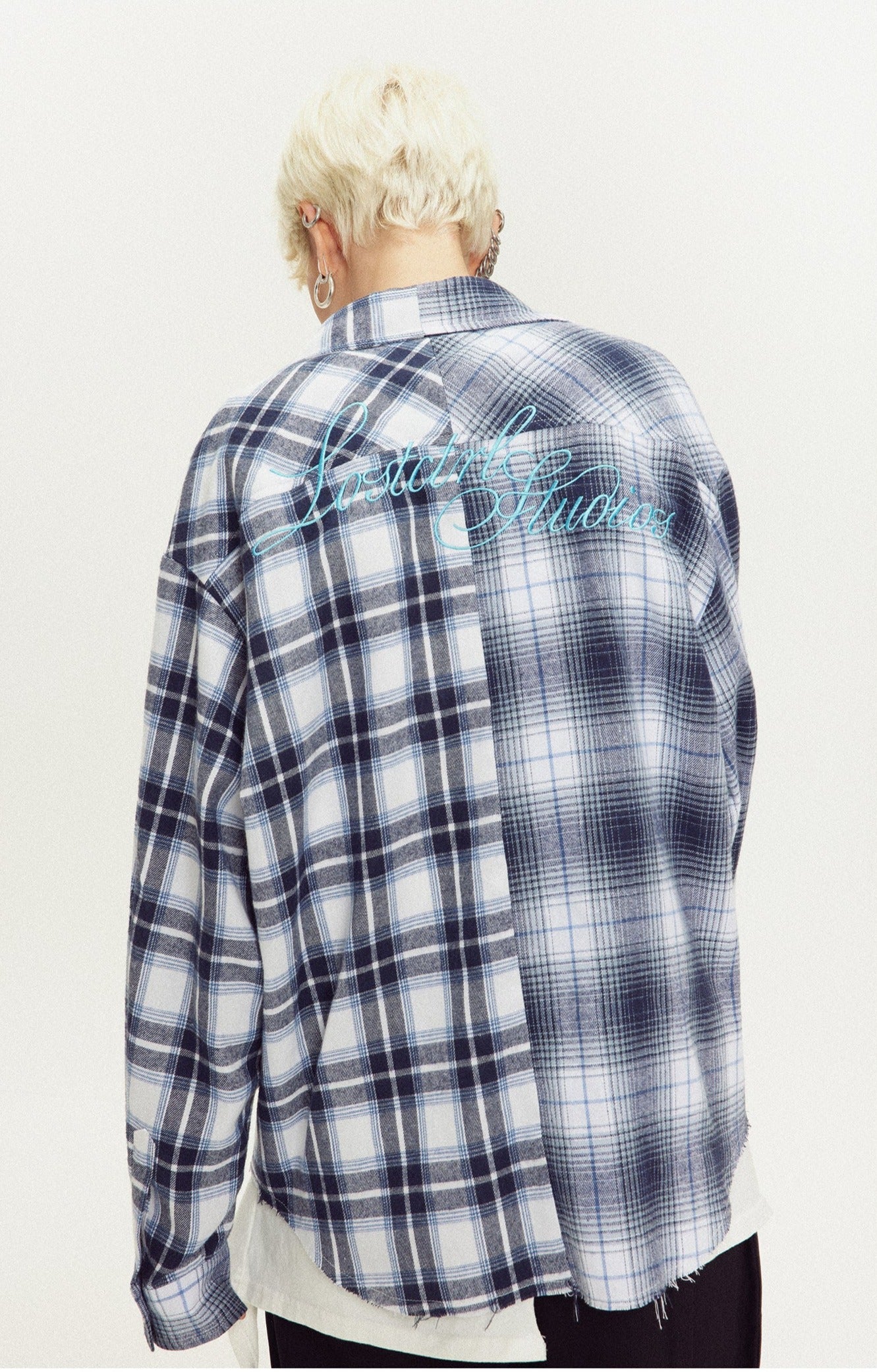 LOSTCTRL Embroidered Logo Plaid Patchwork Long Sleeve Shirt