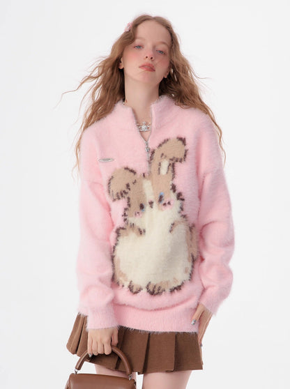 Half-Zip Plush Bunny Pattern Round Neck Knit Sweater