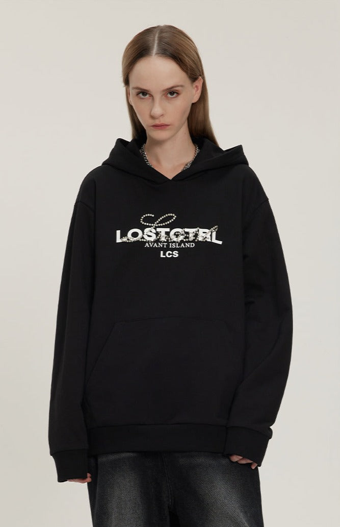 LOSTCTRL Studded Rhinestone Print Hoodie