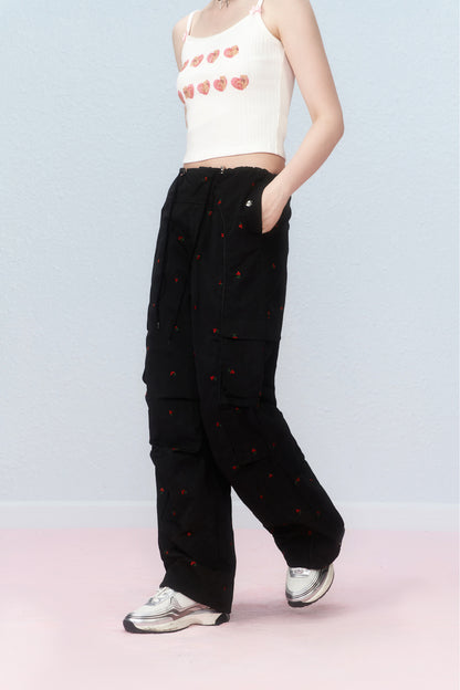 Cherry Embroidered Cargo Pants