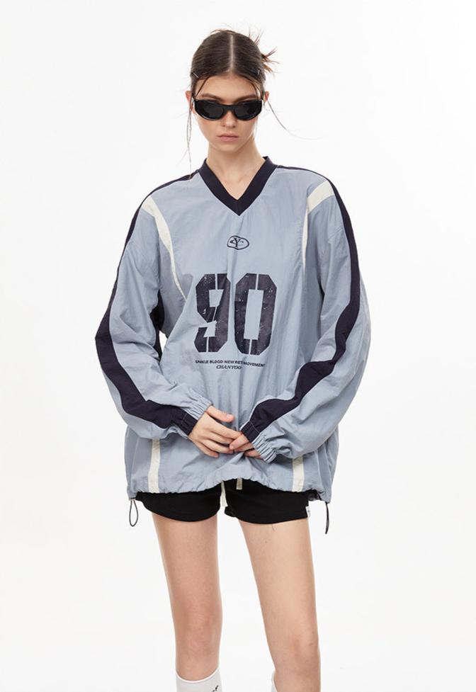 Letter Print Colorblock V-Neck Drawstring Sweatshirt