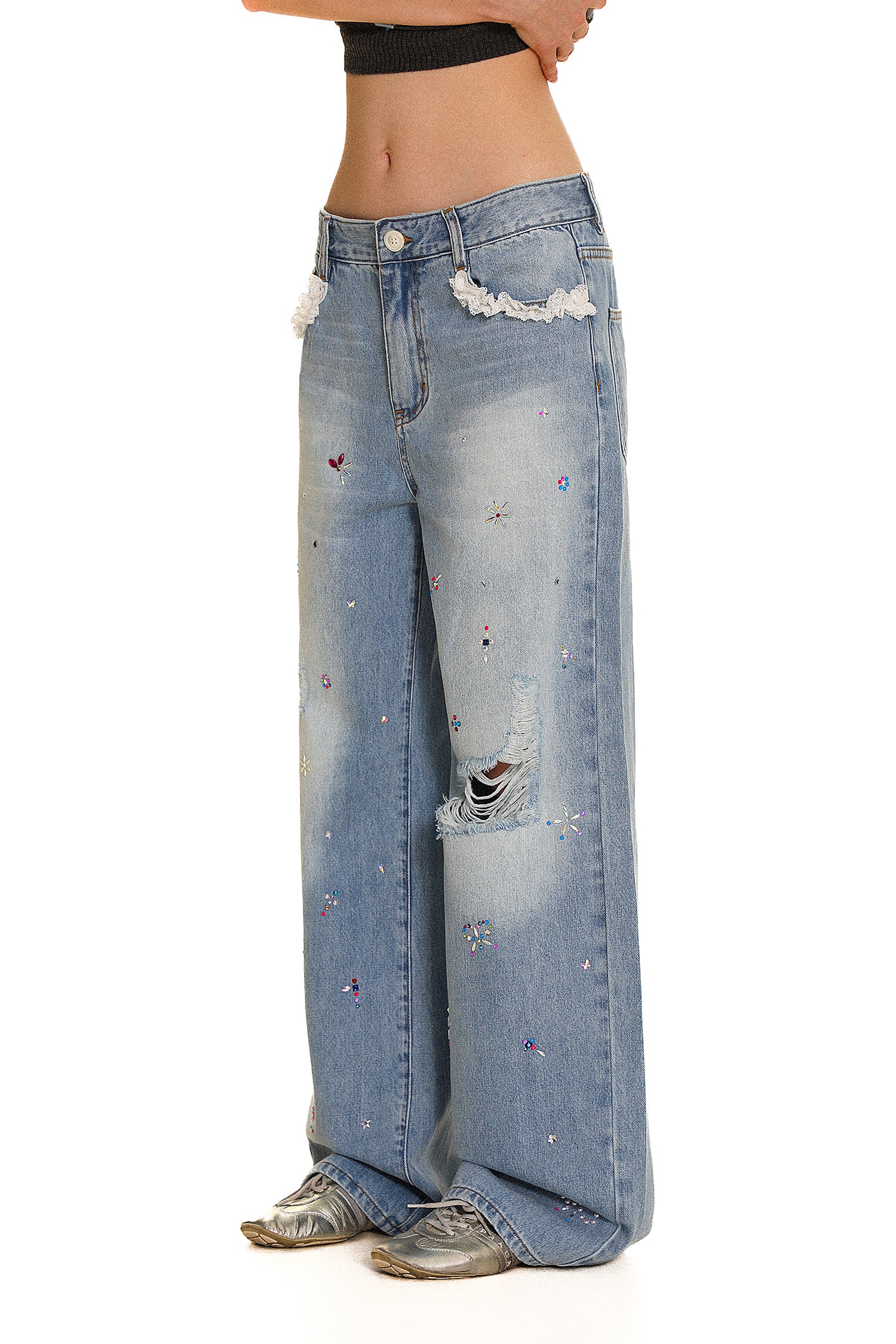 Colorful Rhinestone Lace Trimmed Distressed Denim