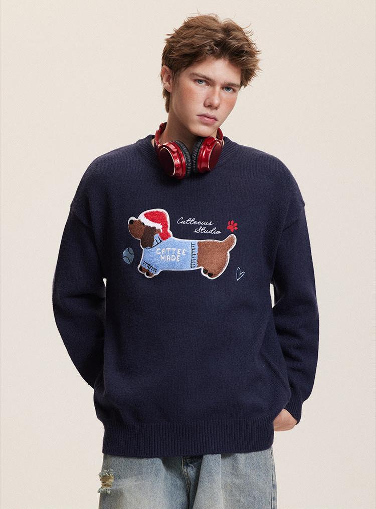 Embroidered Flocked Dog Print Knit Sweater