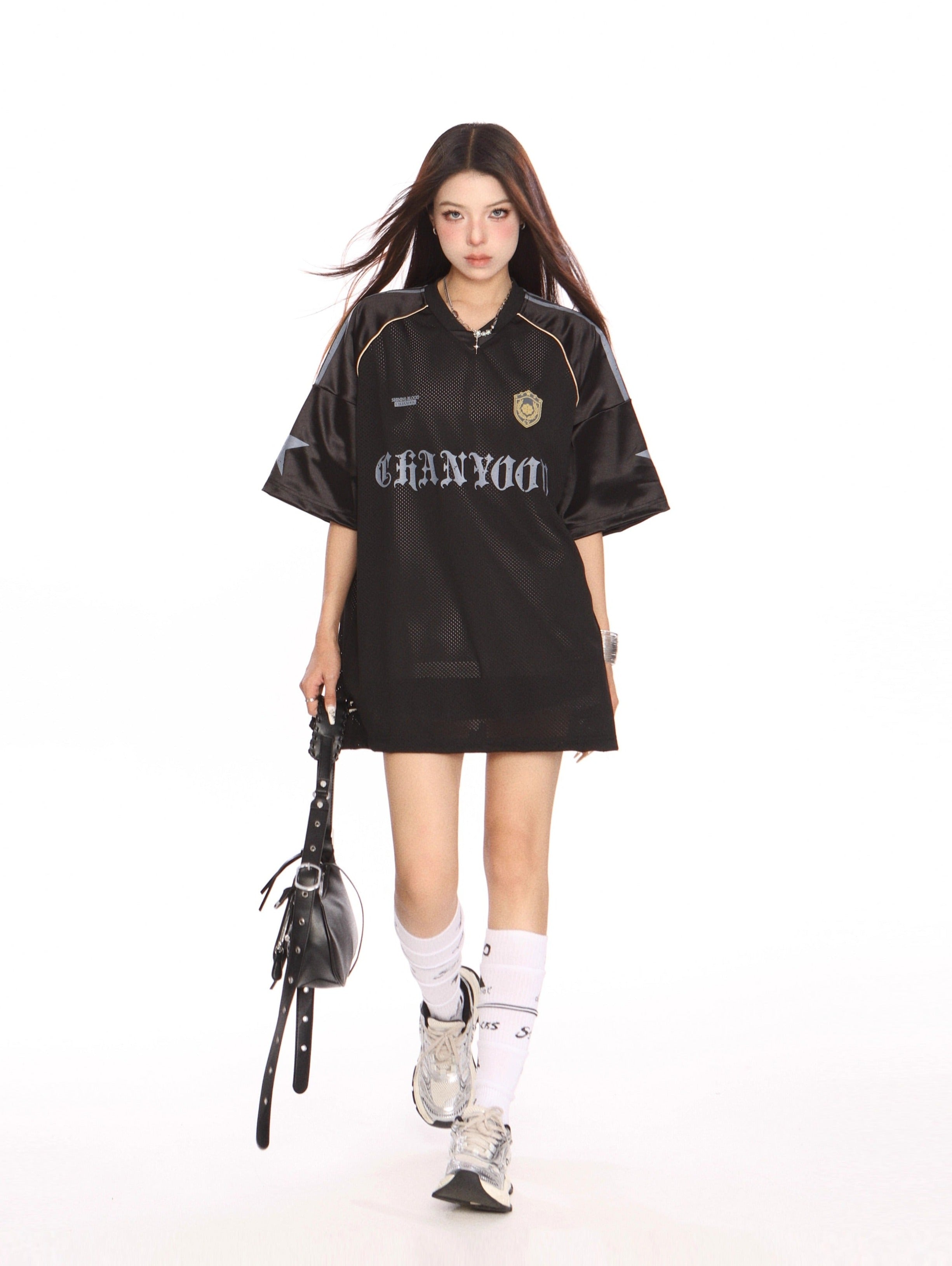 Mesh Breathable Letter Print Blockette Style Jersey Tee