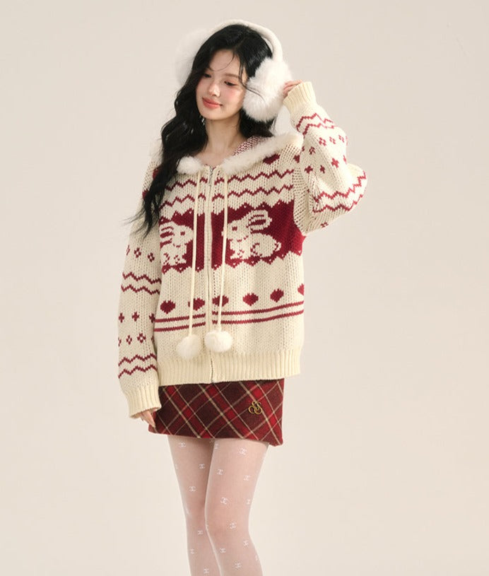 Bunny Pattern Hooded Zip-Up Knit Sweater