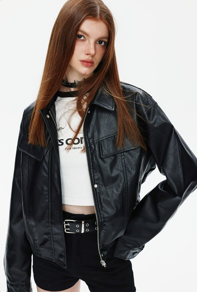 CATTEE Faux Leather Lapel Jacket