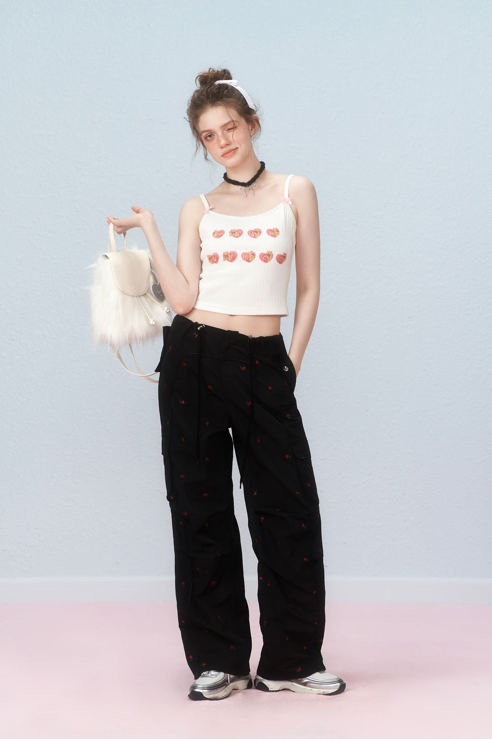 Cherry Embroidered Cargo Pants