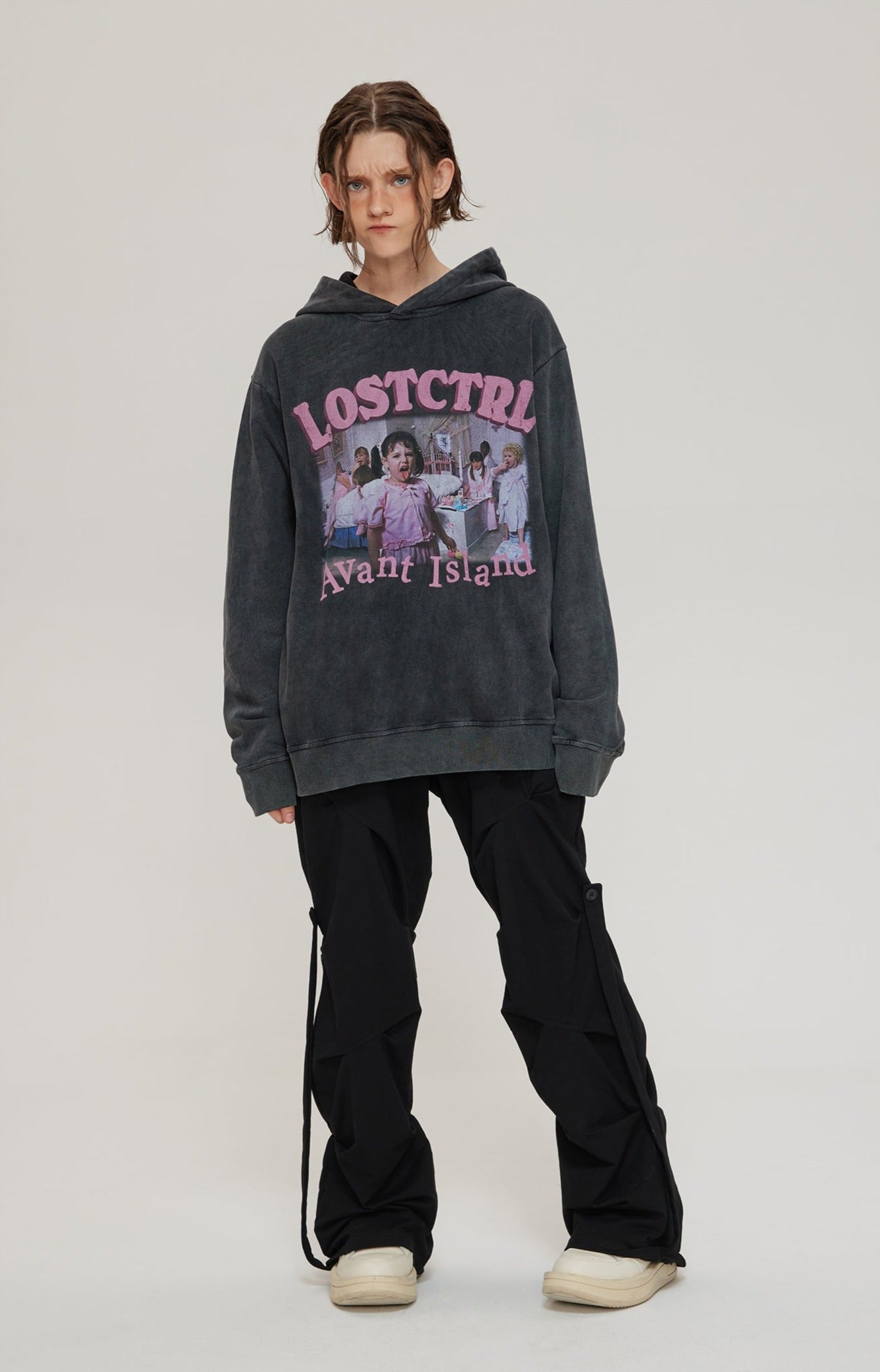 LOSTCTRL Avant Island Retro Washed Distressed Hoodie