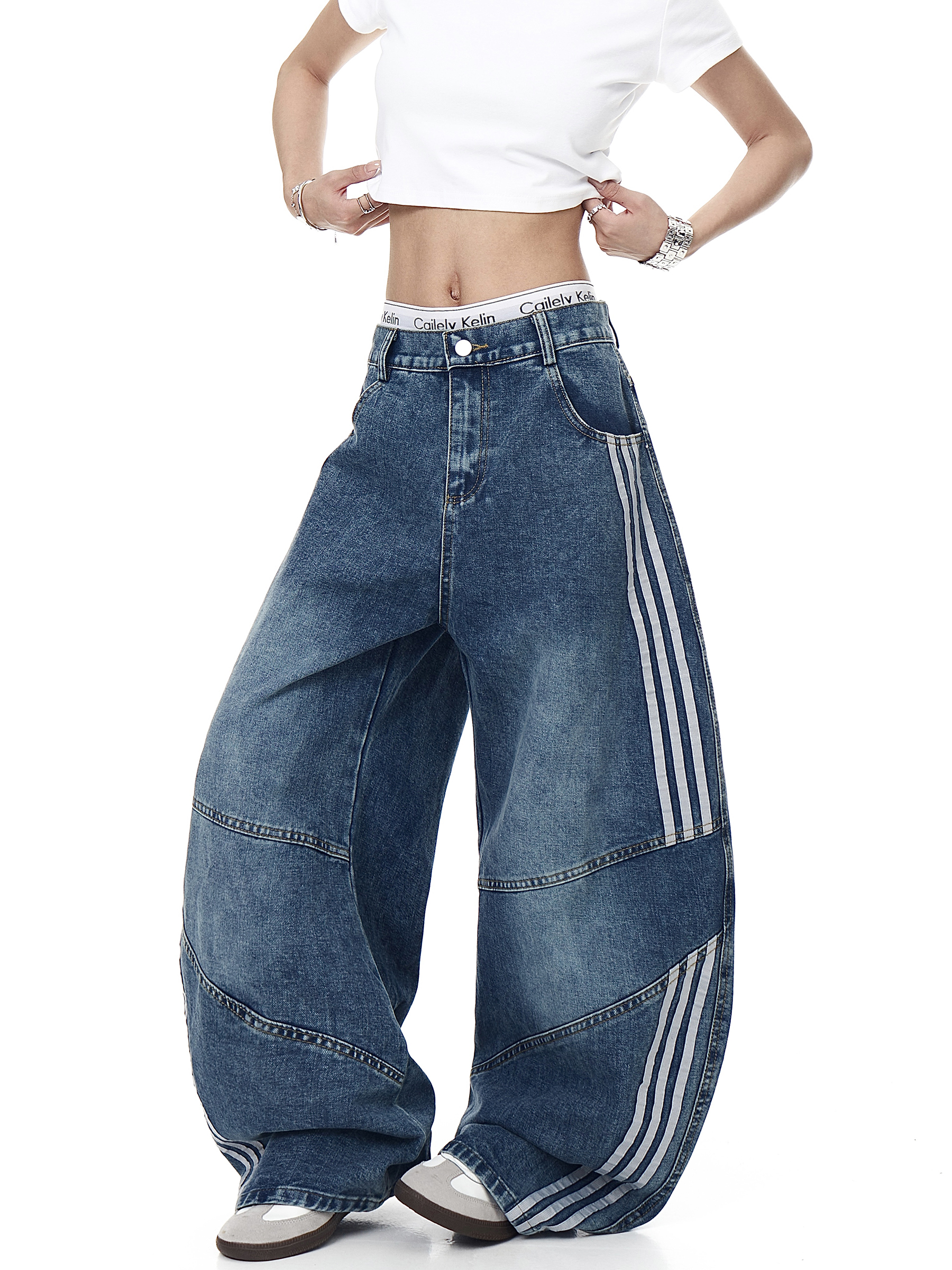 Washed Triple‑Stripe Deconstructed Wide‑Leg Jeans