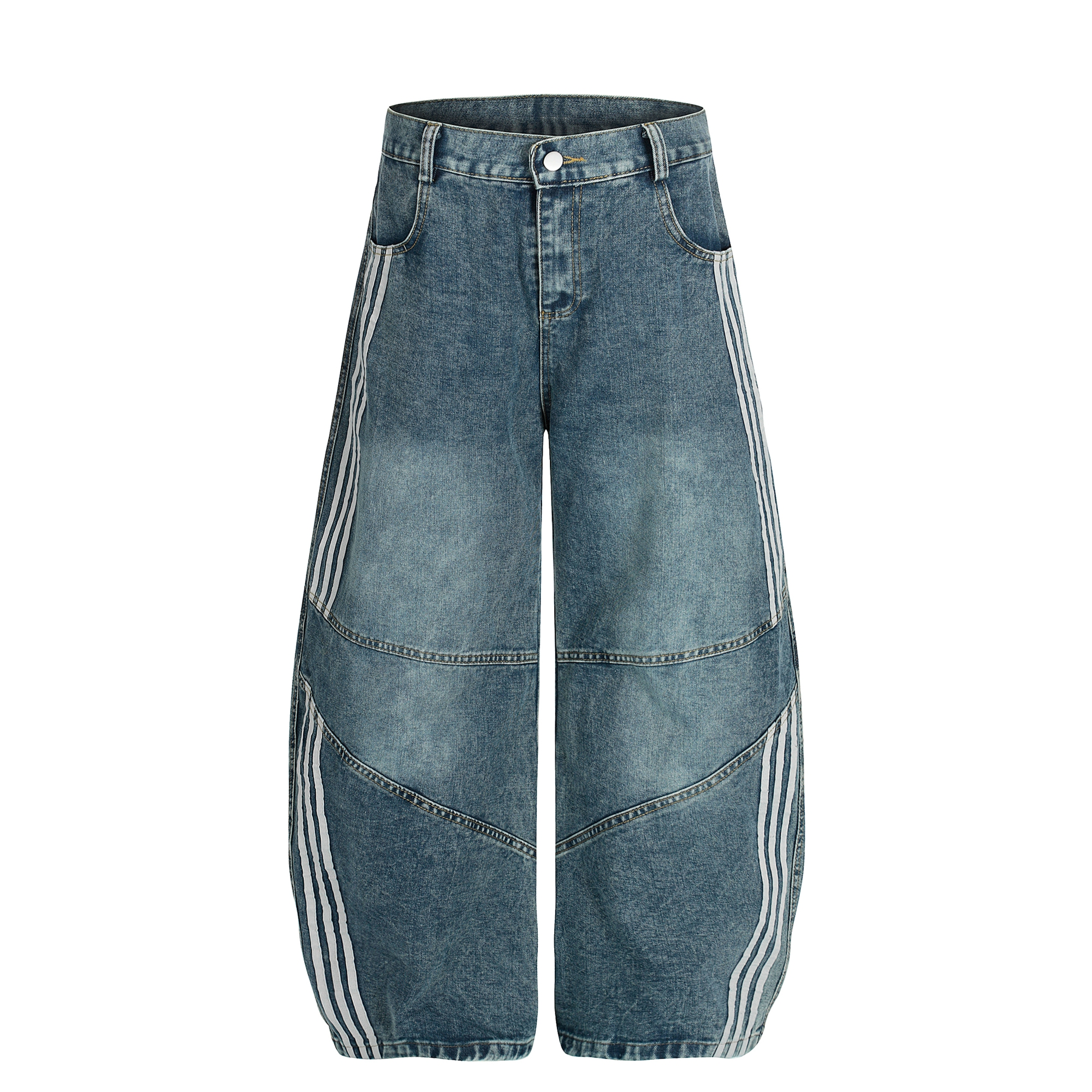 Washed Triple‑Stripe Deconstructed Wide‑Leg Jeans