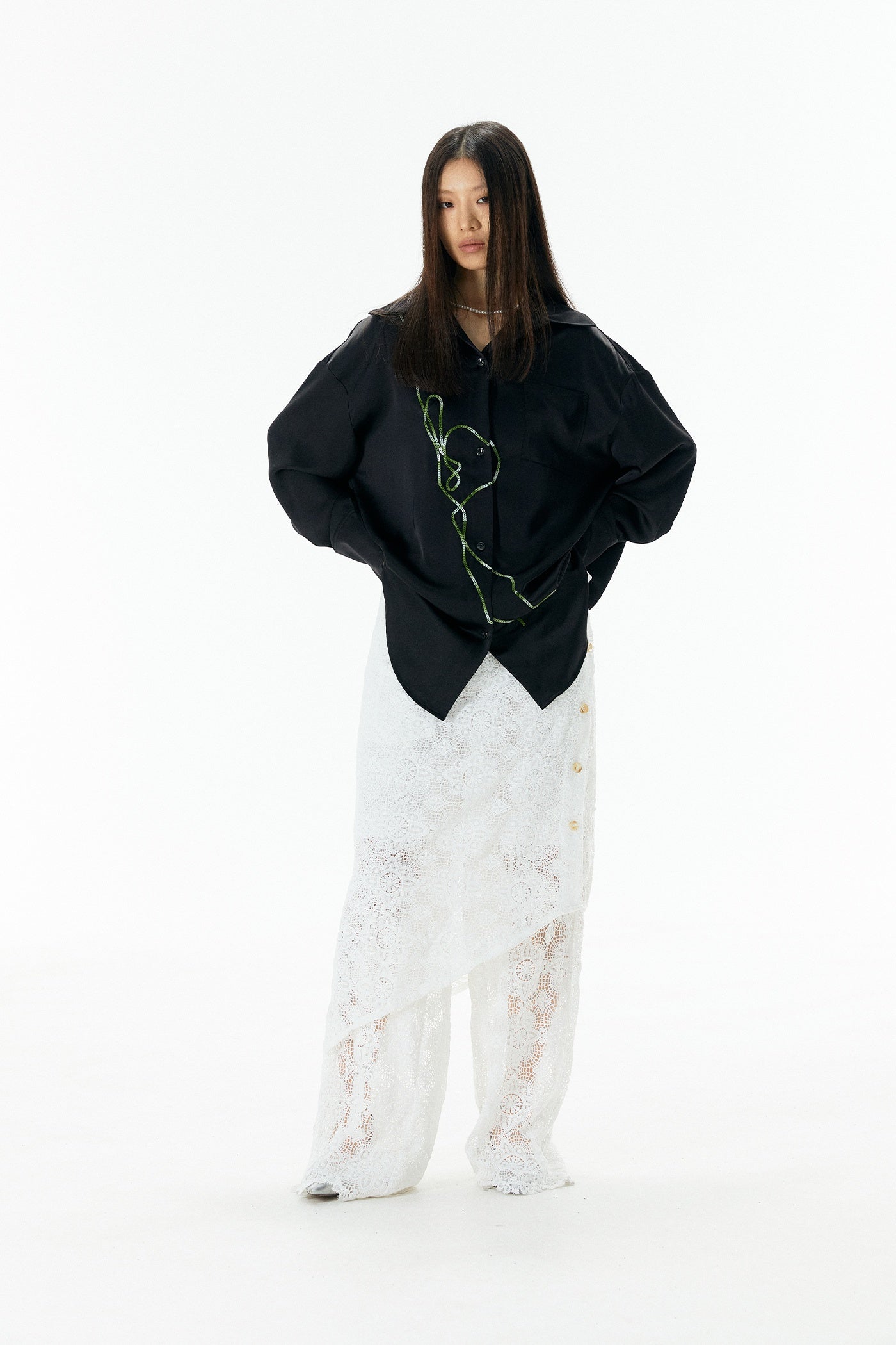 Tinsel Embroidered Long Sleeve Shirt